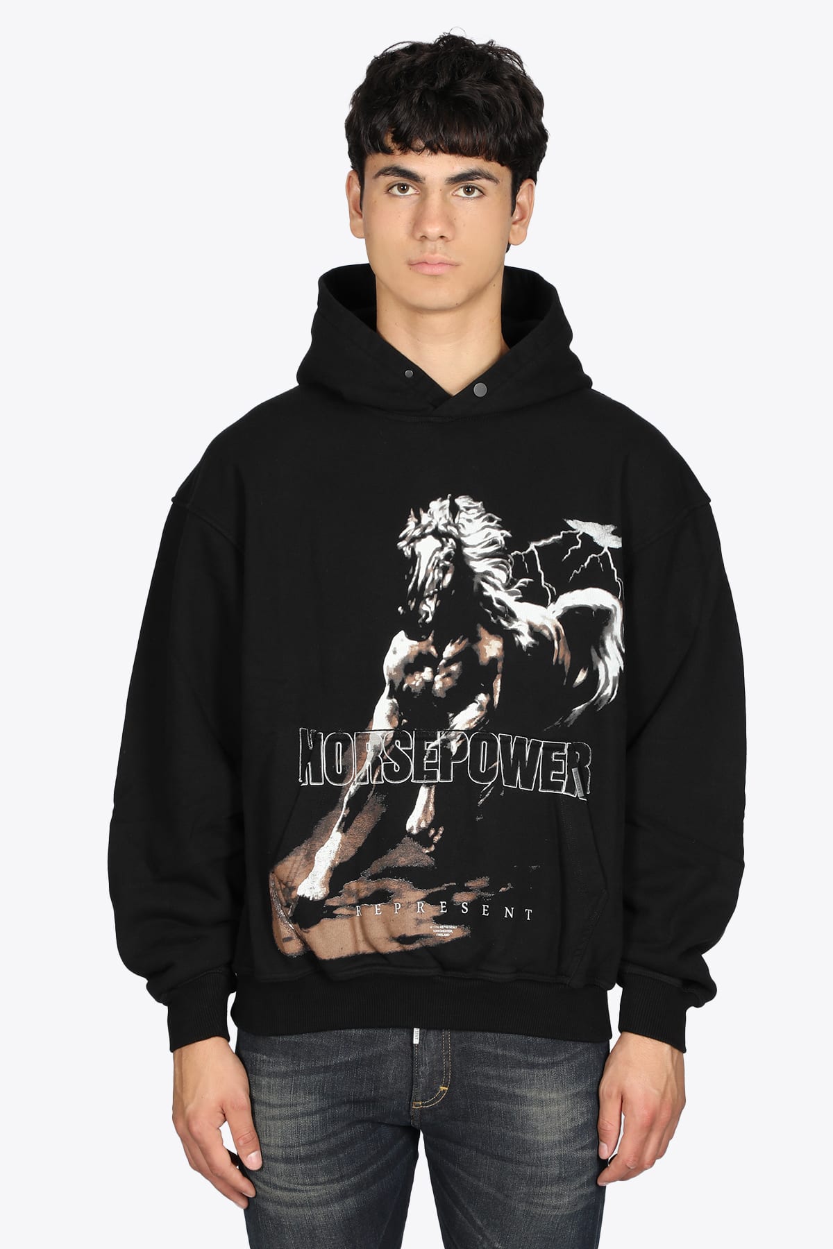 REPRESENT Horse Power Hoodie Black cotton hoodie with horse print