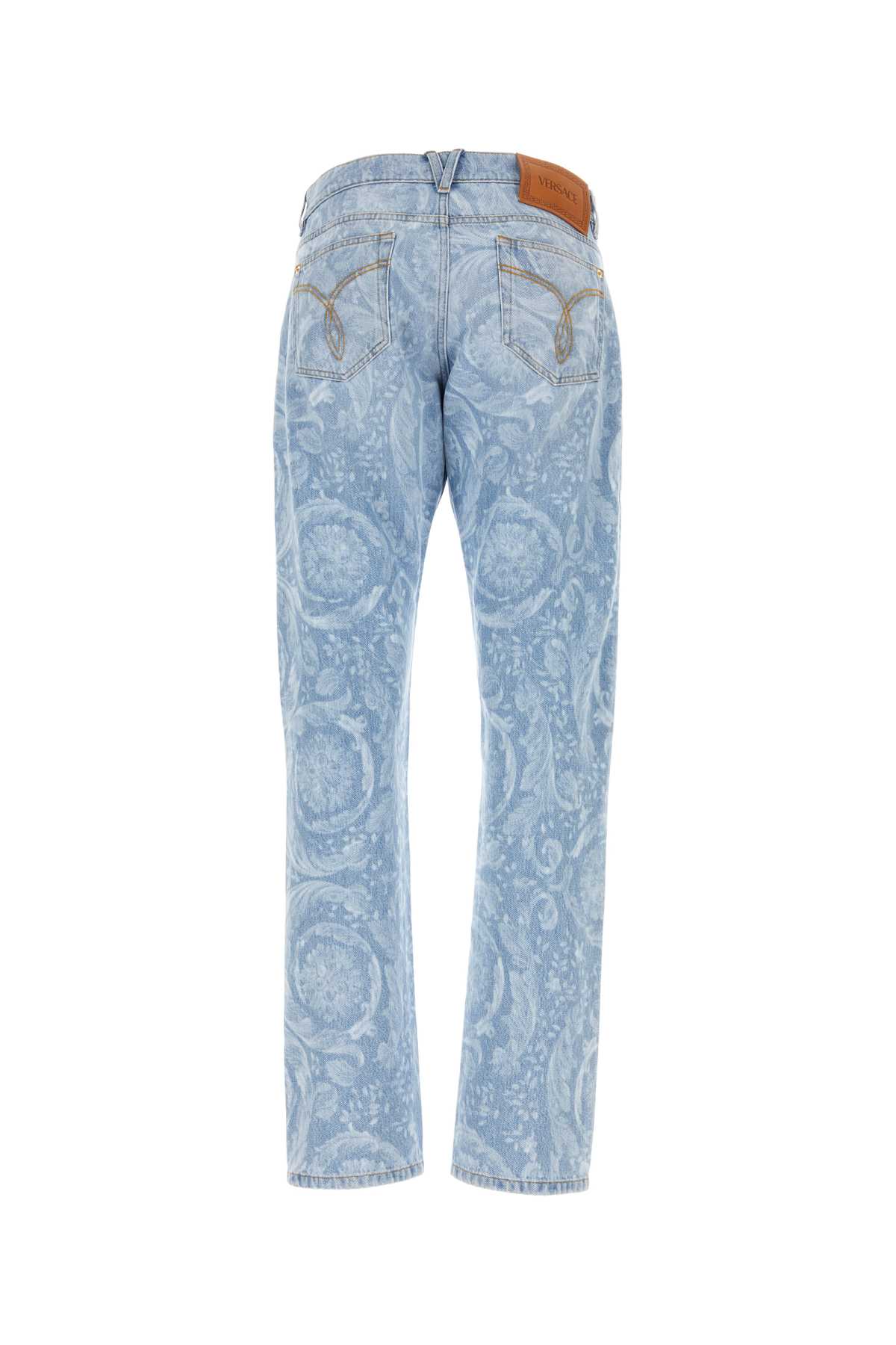 Shop Versace Printed Denim Jeans In Azzurro
