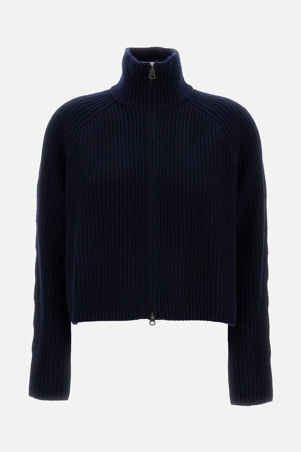 Lisa Yang High-neck Ribbed Knit Cardigan With Metal Zipper In Blue
