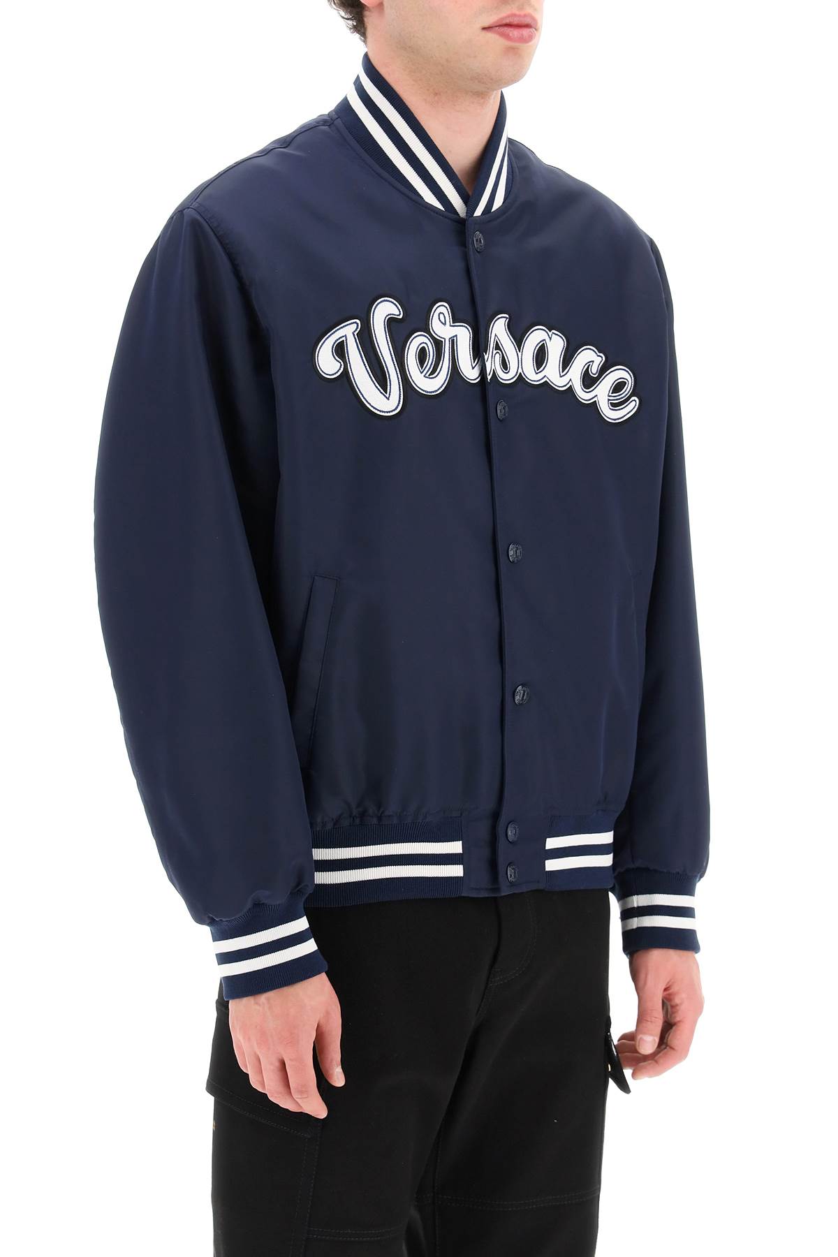 Versace Logo Embroidered Buttoned Jacket In Blue