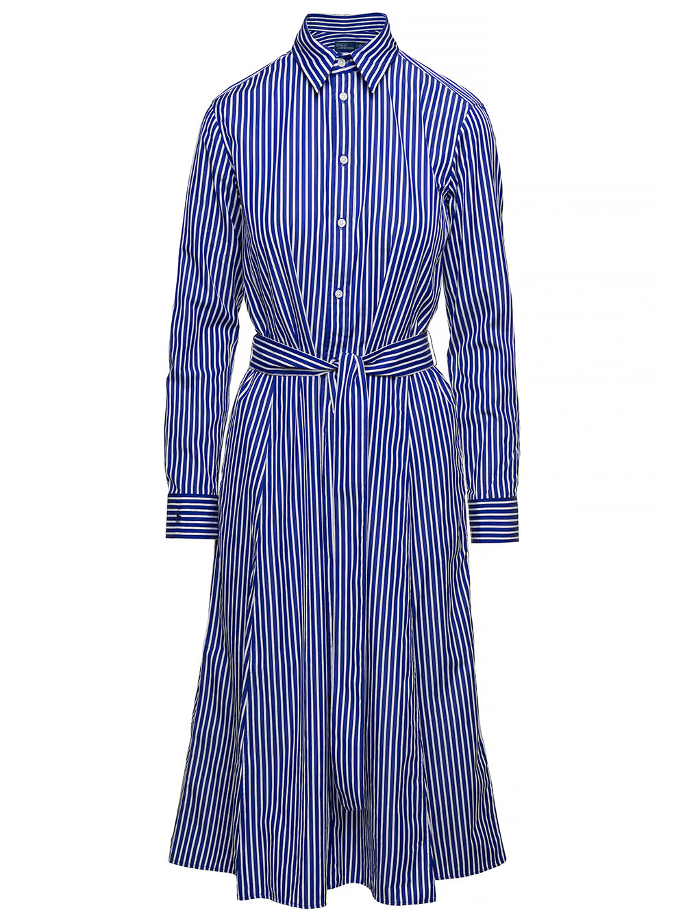 Ralph Lauren Blue And White Striped Chemisier Midi Dress With Belt In Cotton Woman