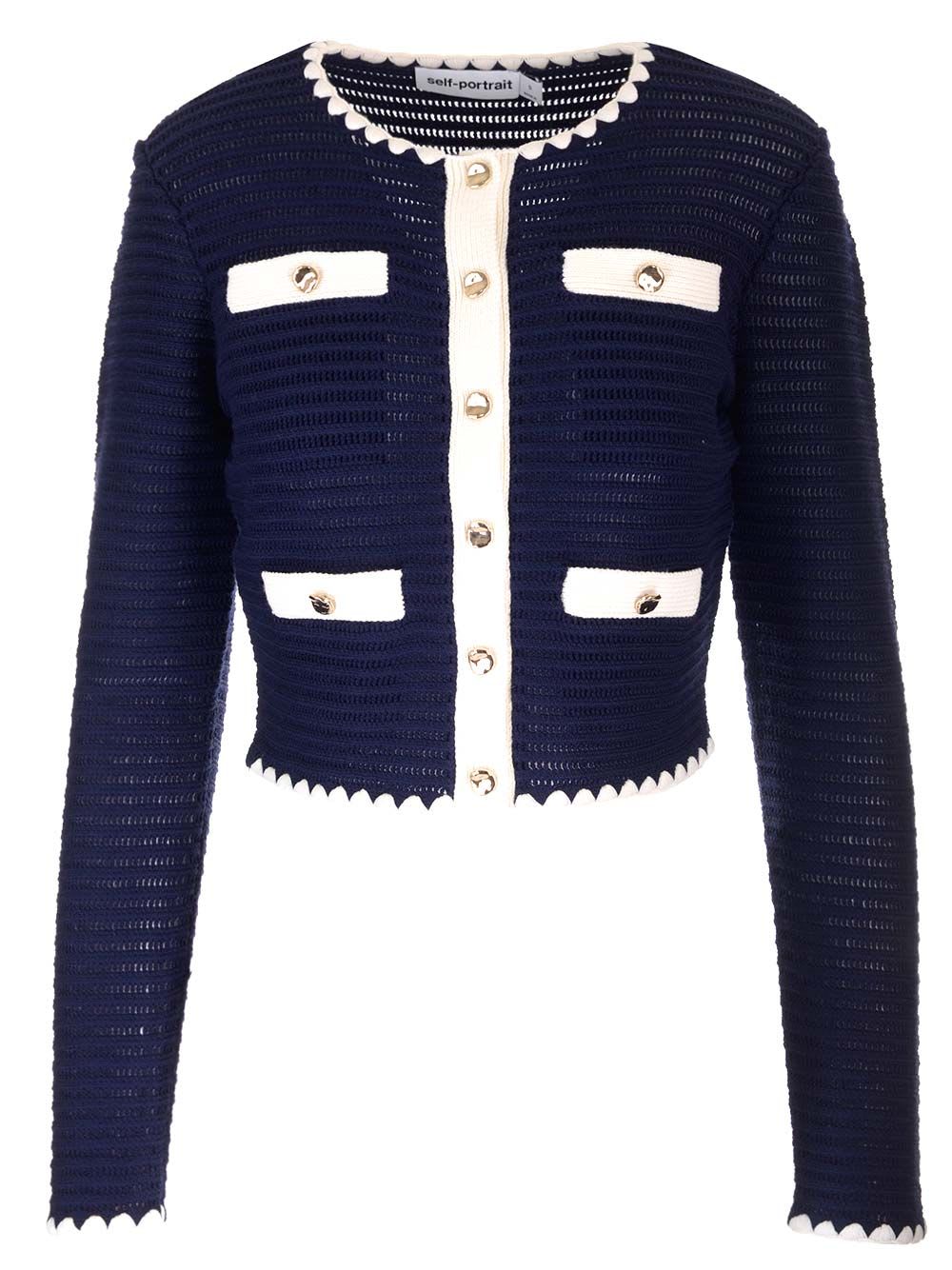 Shop Self-portrait Dark Blue Crochet Cardigan In Navy