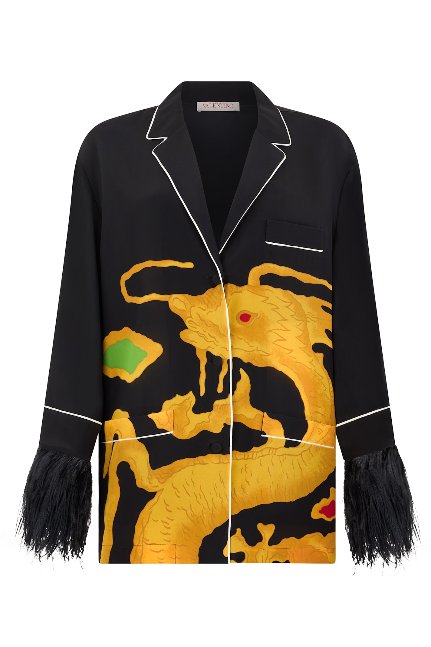 Valentino Graphic-print Feather-trim Silk Shirt In Black