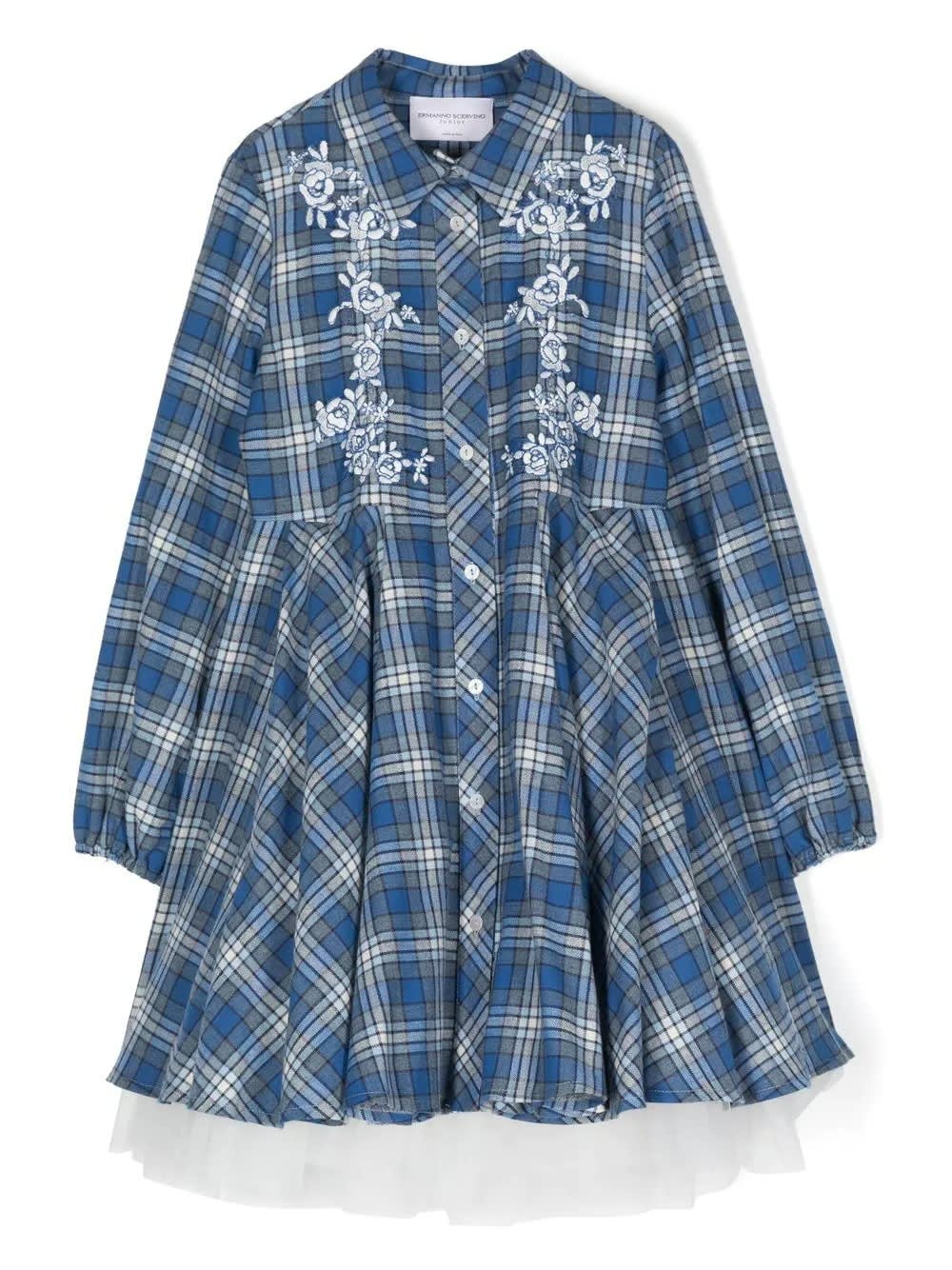 Ermanno Scervino Junior Kids Dress With Blue Check Pattern And White Floral Embroidery