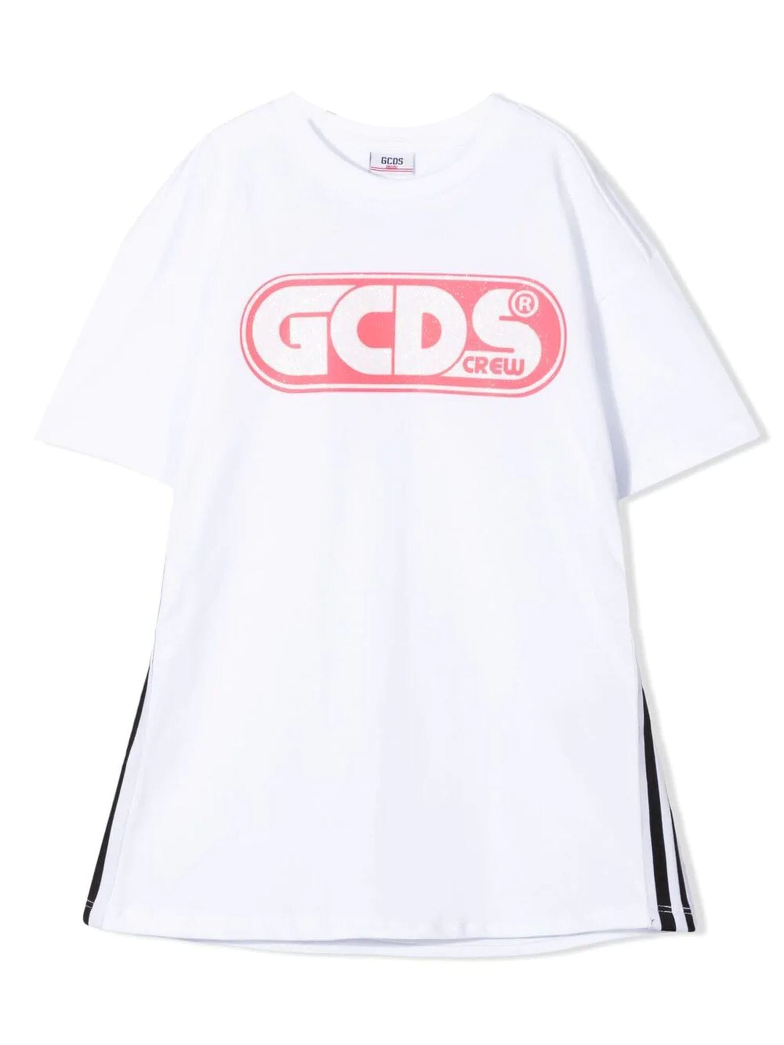 GCDS WHITE COTTON T-SHIRT DRESS,027662T 001