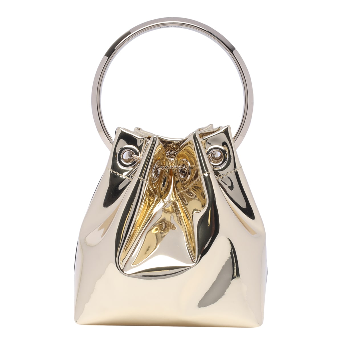 Jimmy Choo Shiny Mirror-effect Bon Bon Bag With Chain Drawstring And Metal Handle