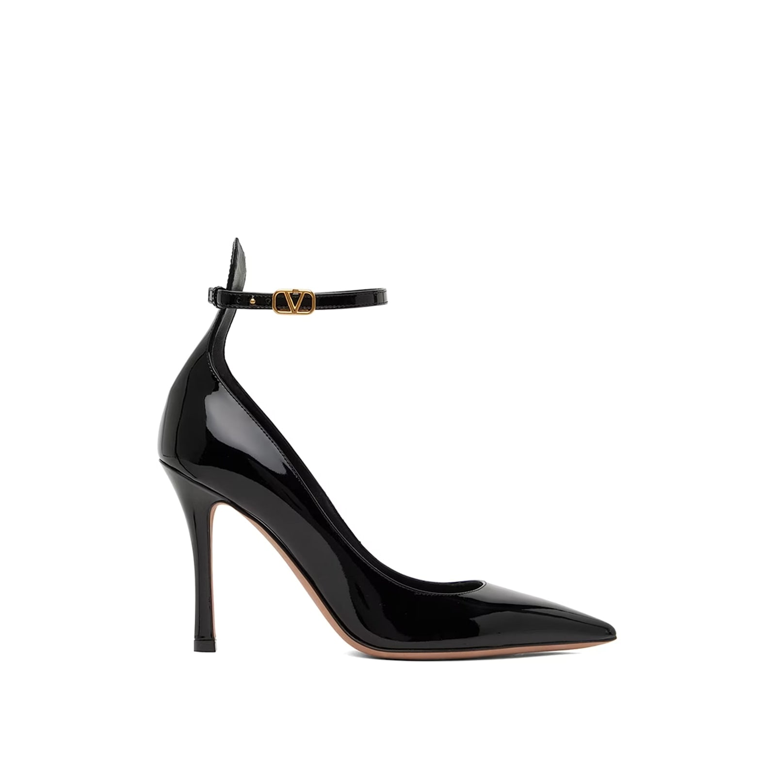 Valentino Garavani Pointed Toe Patent Leather Pumps With Logo Ankle Buckle In Black