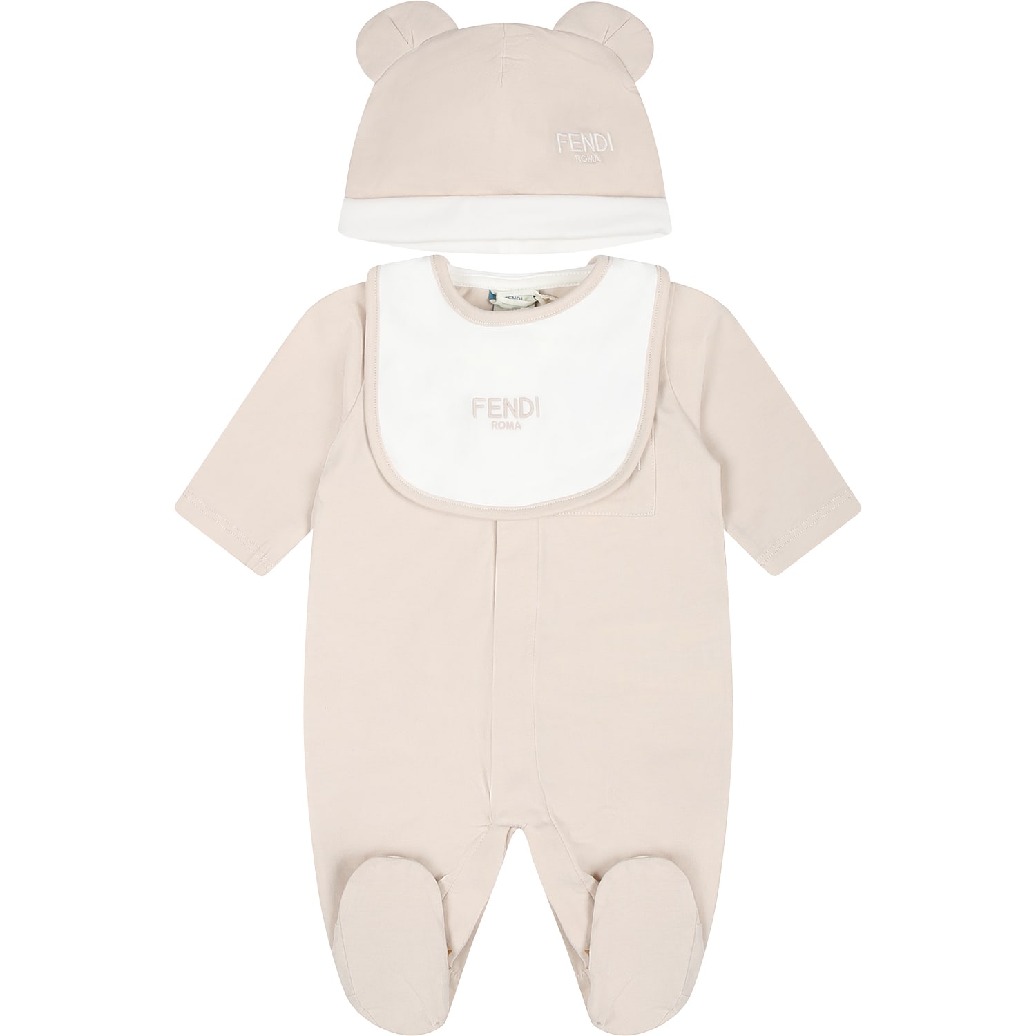 Fendi Beige Babygrow Set For Babykids With Bear And  Logo In Neutral