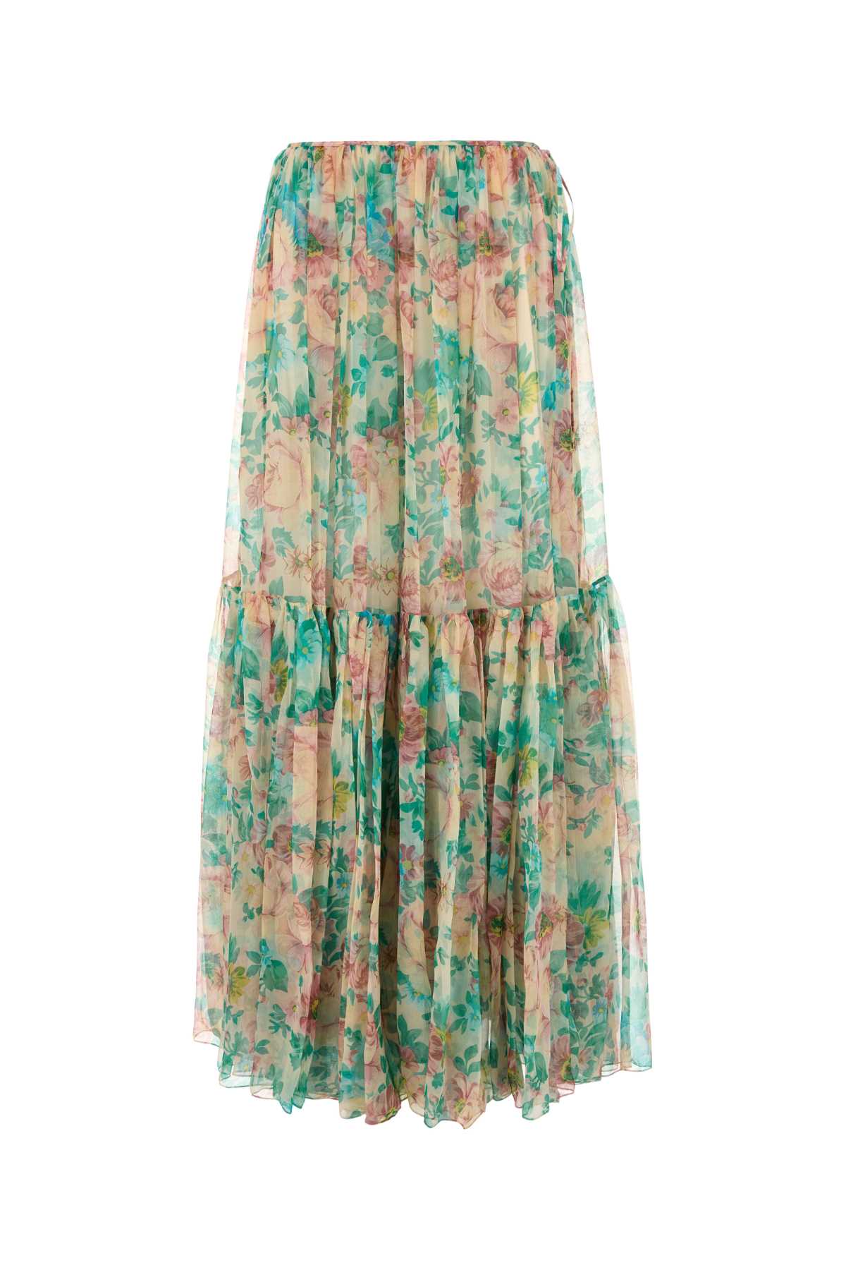 Chloé Floral Tiered Silk Skirt With Elastic Waistband In Green