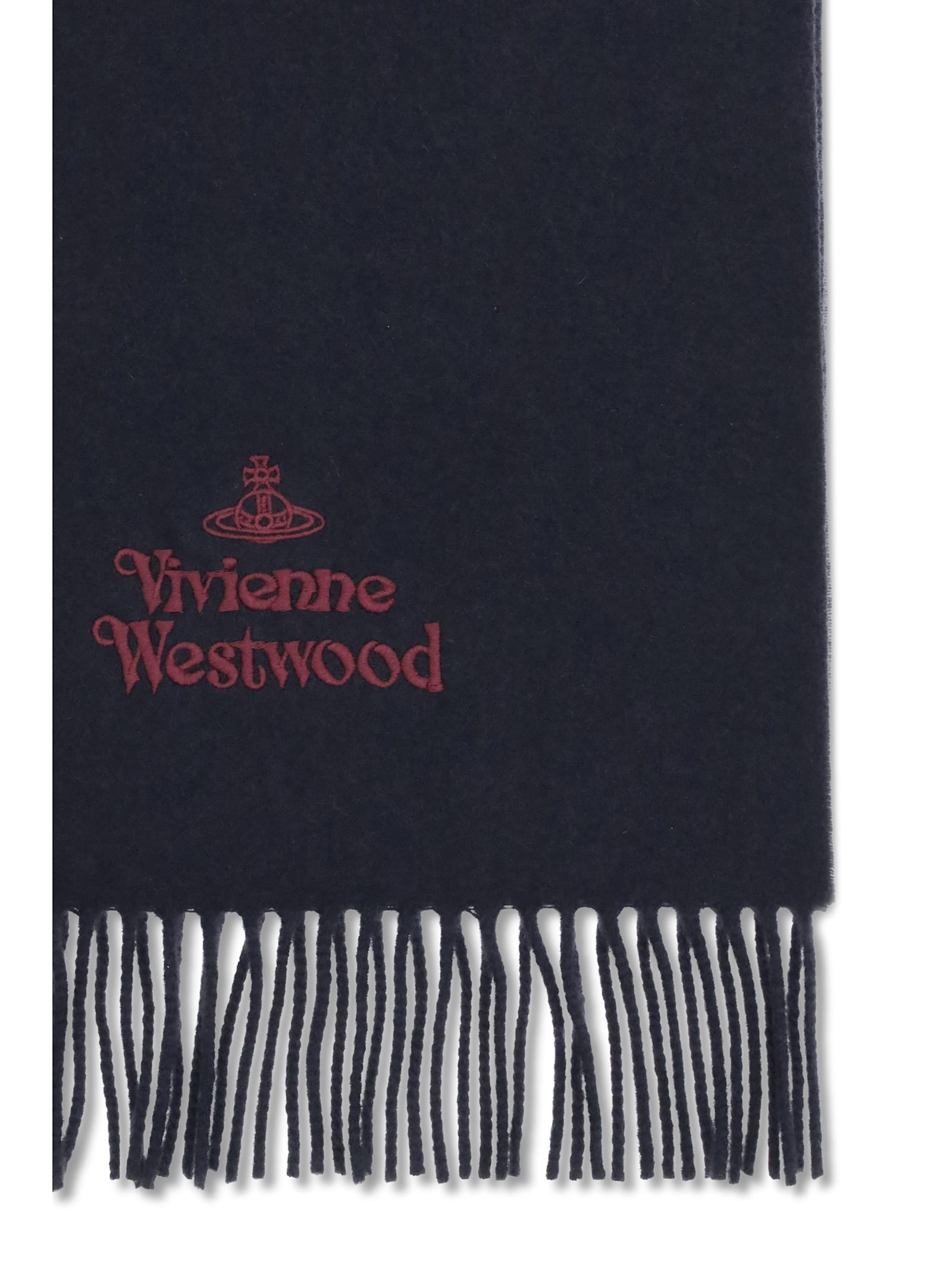 Vivienne Westwood Blue Scarf With Fringed Hem And Orb Embroidery On The Front In Wool Unisex In Blue