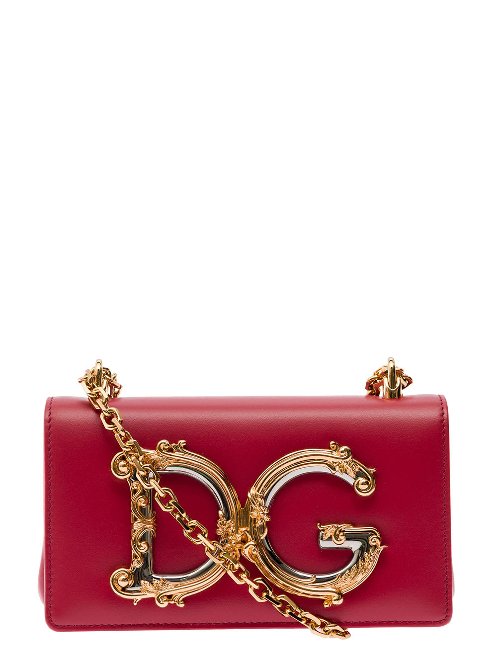 Shop Dolce & Gabbana Dg Girls Red Phone Bag With Chain Strap And Baroque Logo In Leather Woman In Multicolor