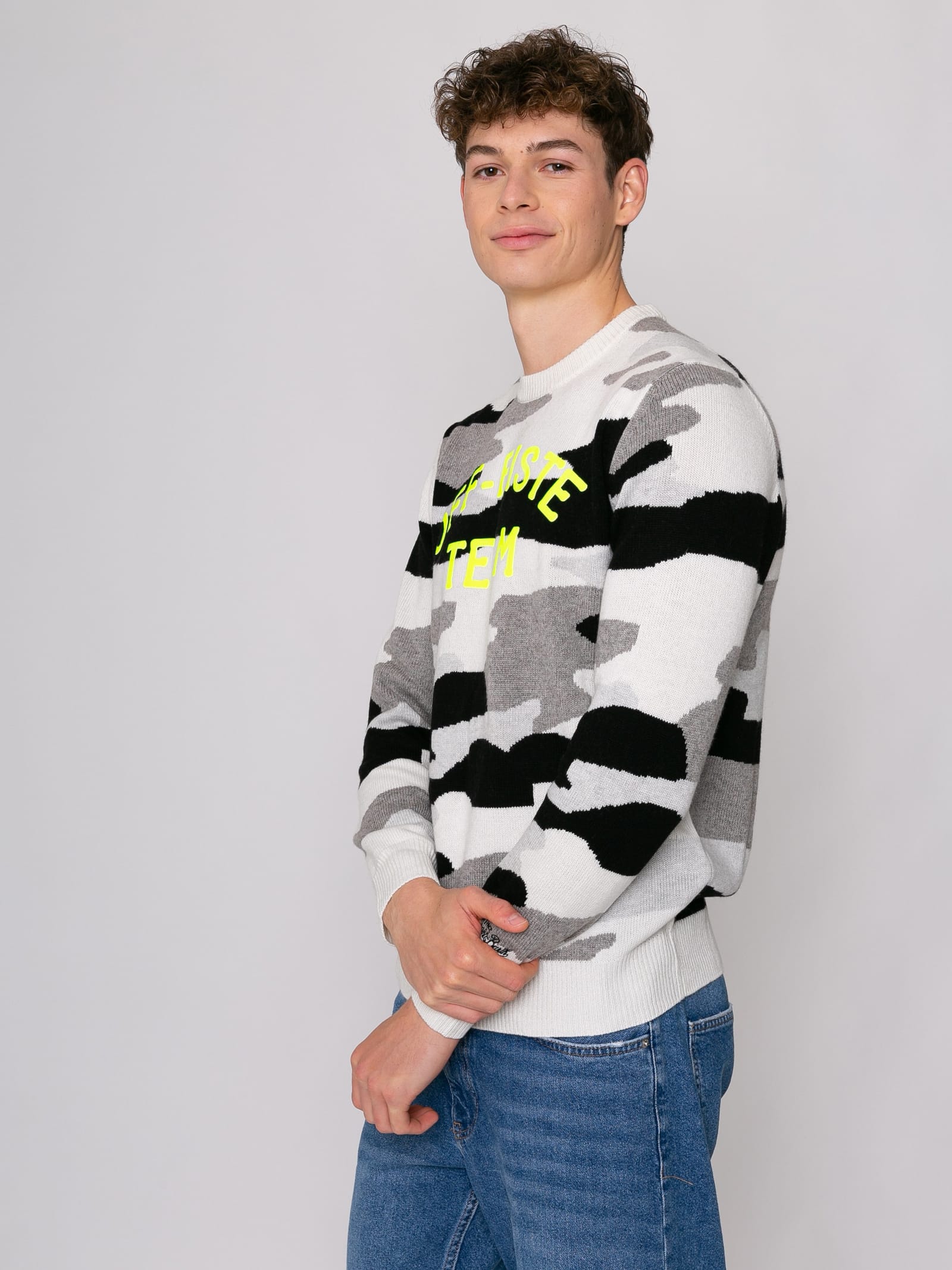 Mc2 Saint Barth Camouflage Man Sweater Off-piste Team Fluo Yellow Print In White
