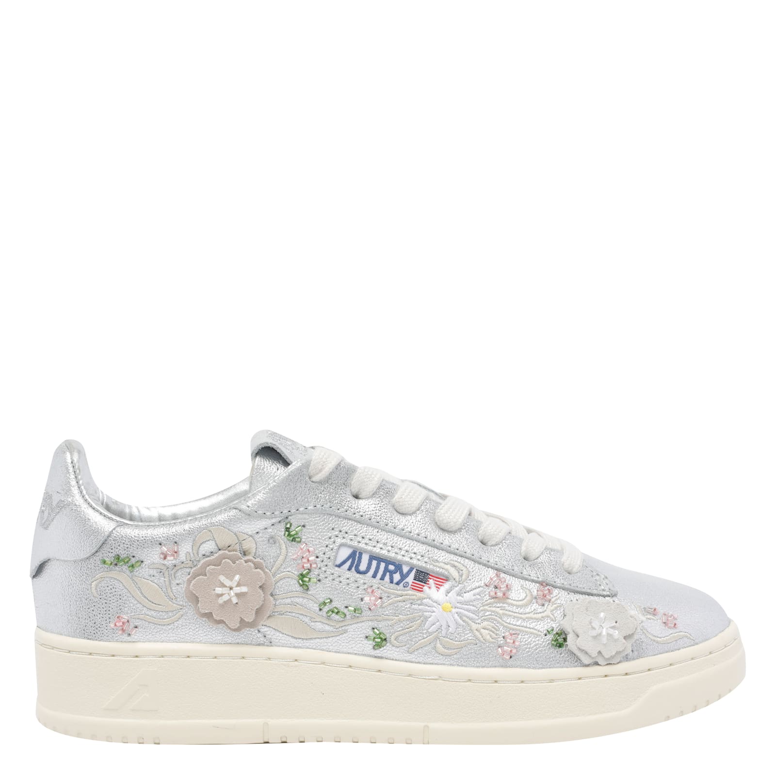 Autry Dallas Round Toe Sneakers With Floral Applications In Metallic