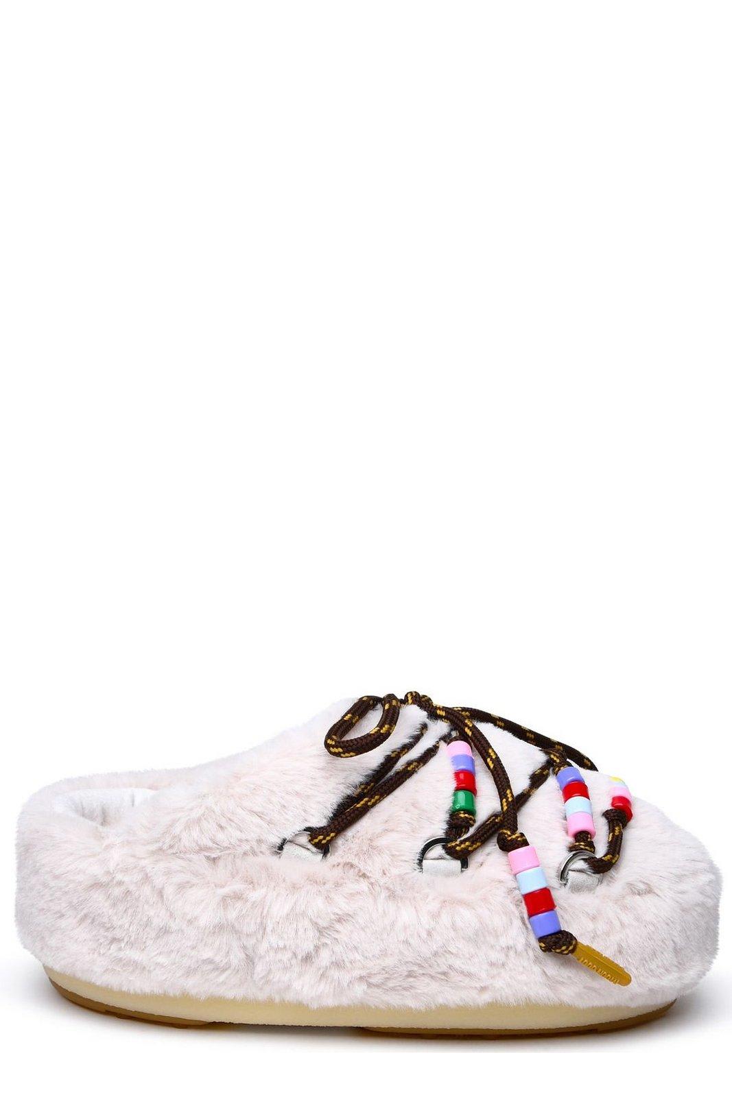 Moon Boot Faux-fur Bead-embellished Lace-up Fastened Mules In White