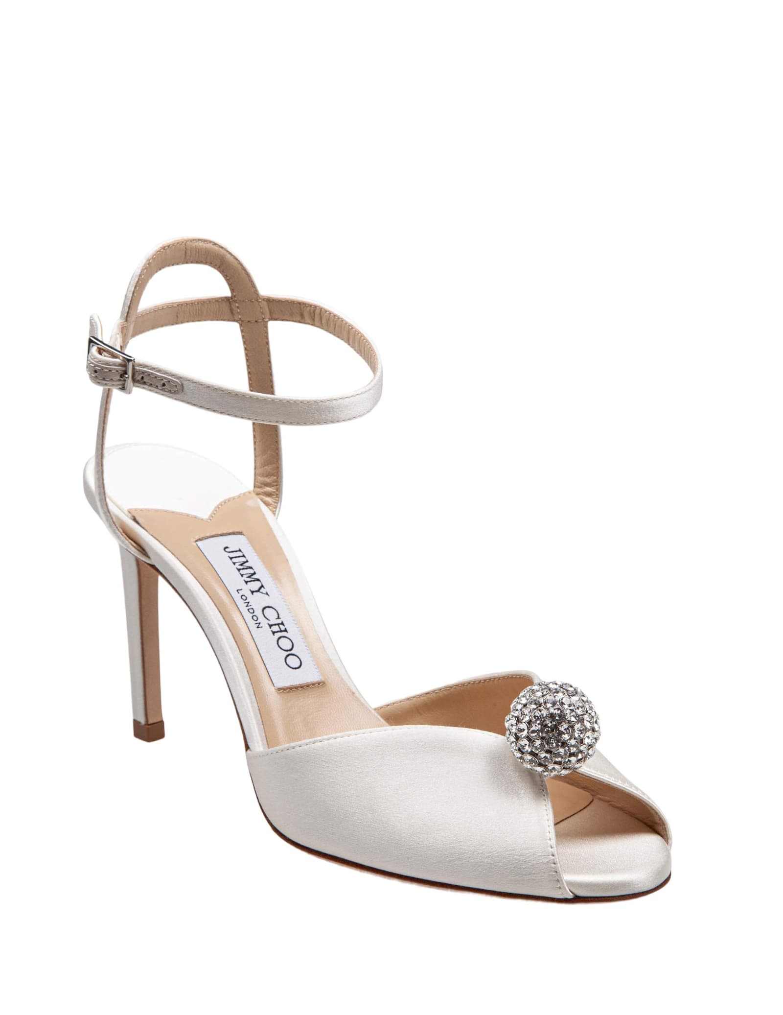 Jimmy Choo Sacora Satin Sandal With Crystal Ball In White