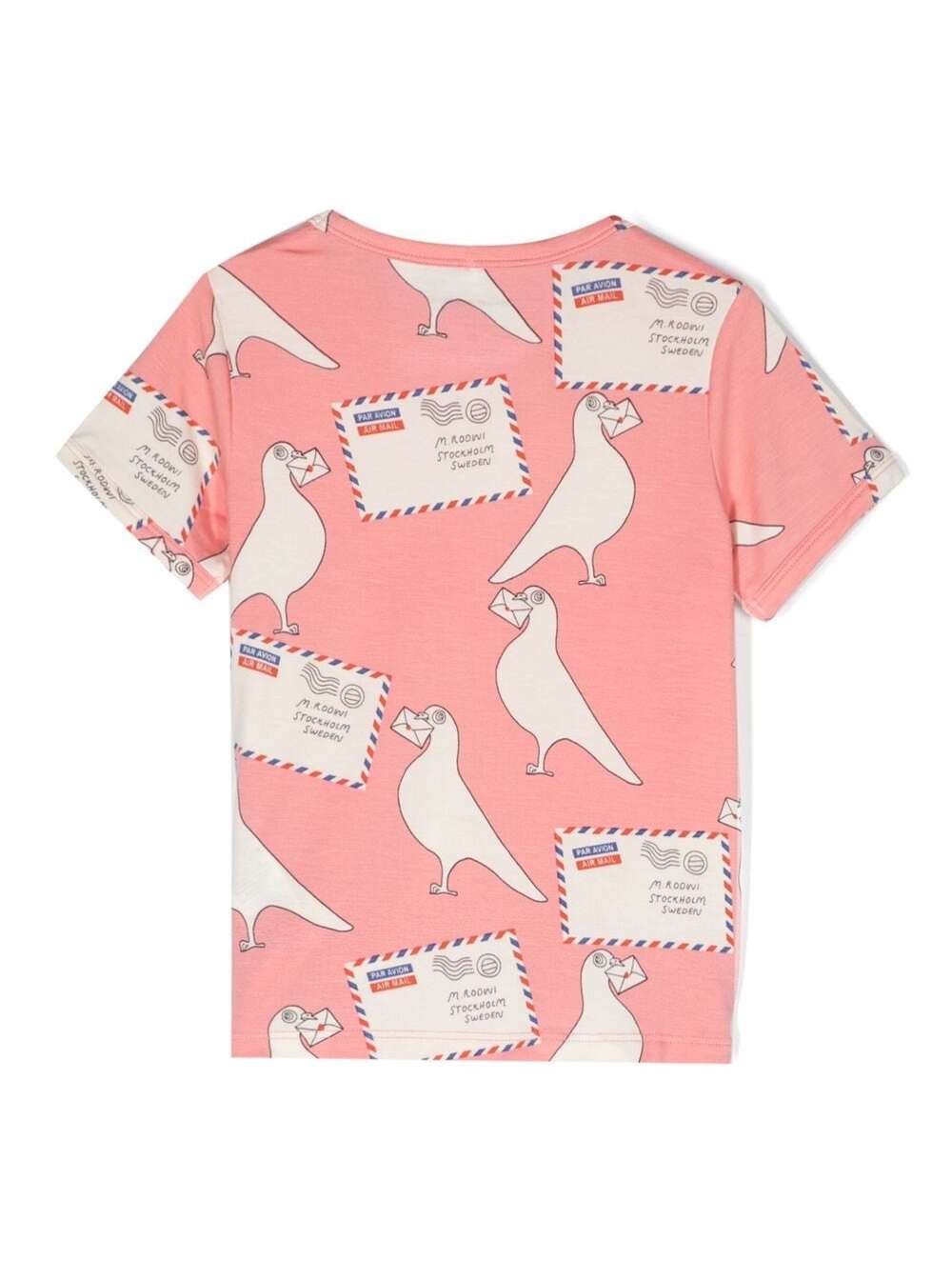 Shop Mini Rodini Pink Crewneck T-shirt With All-over Pigeons Print In Stretch Fabric Girl