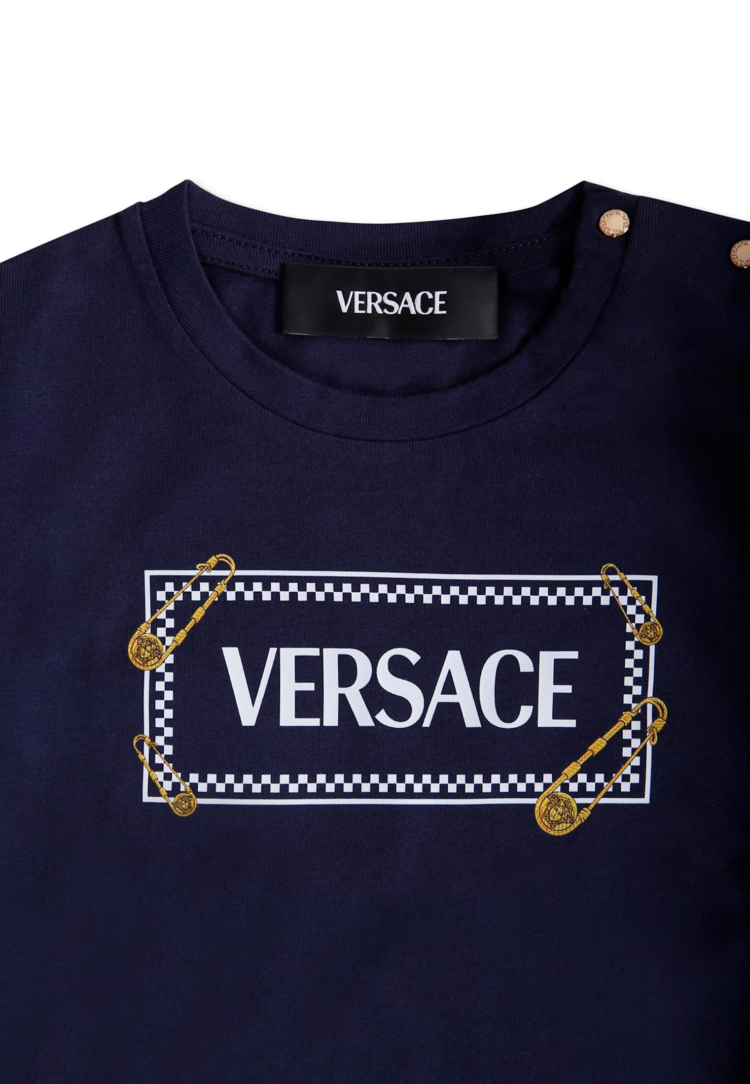 Versace Blue T-shirt With 90 Vintage Logo And Pins For Baby In Blue