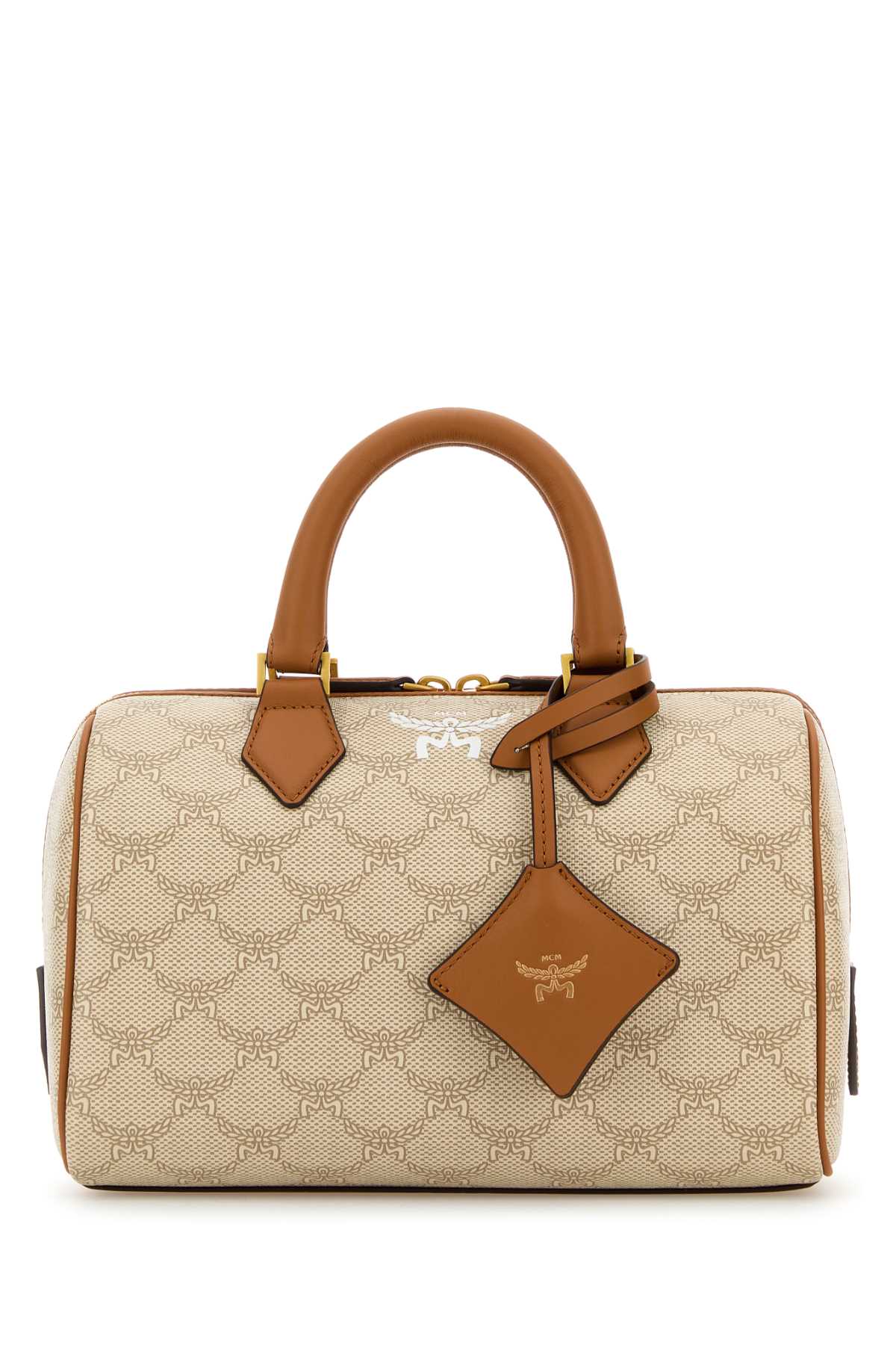 Shop Mcm Printed Canvas Ella Boston Handbag In Ss24oatmeal