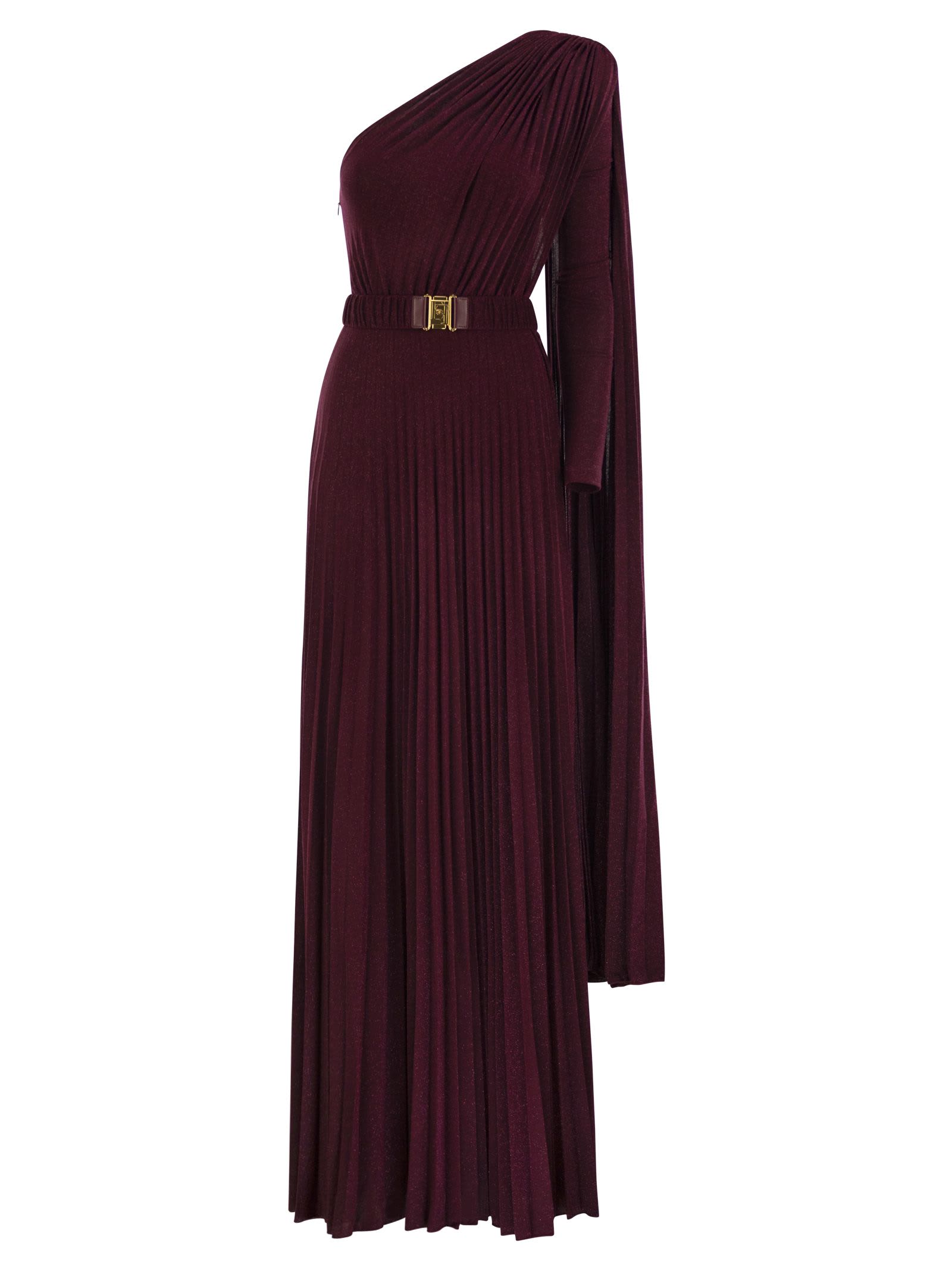 Shop Elisabetta Franchi One-shoulder Red Carpet Dress In Pleated Lurex Jersey In Bordeaux