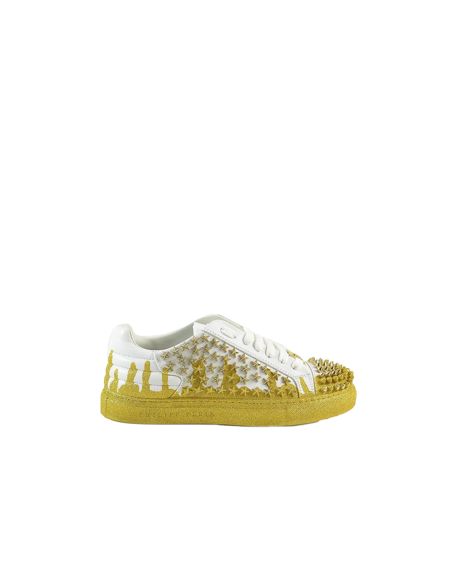 Philipp Plein White And Gold Stars Studded Sneakers