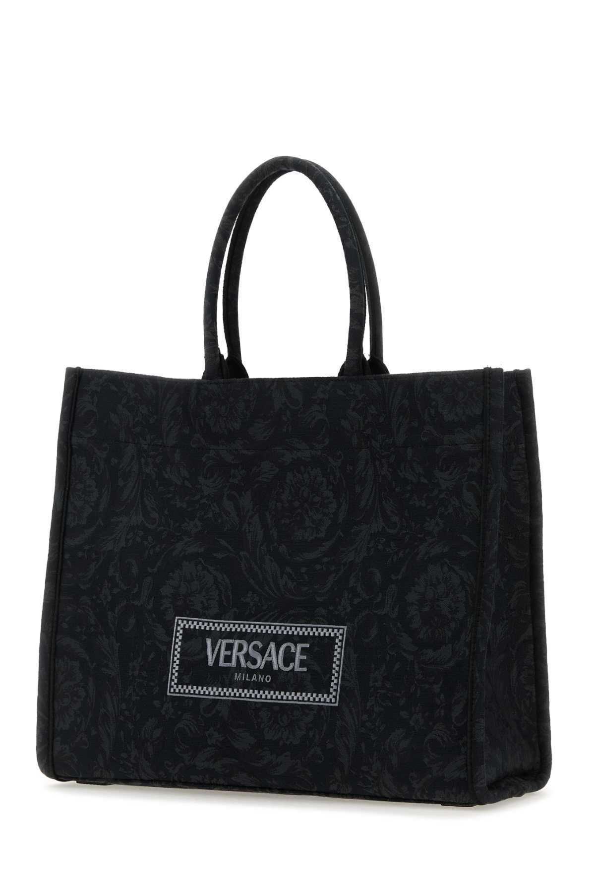 Shop Versace Embroidered Fabric Big Athena Shopping Bag In Blackblackgold