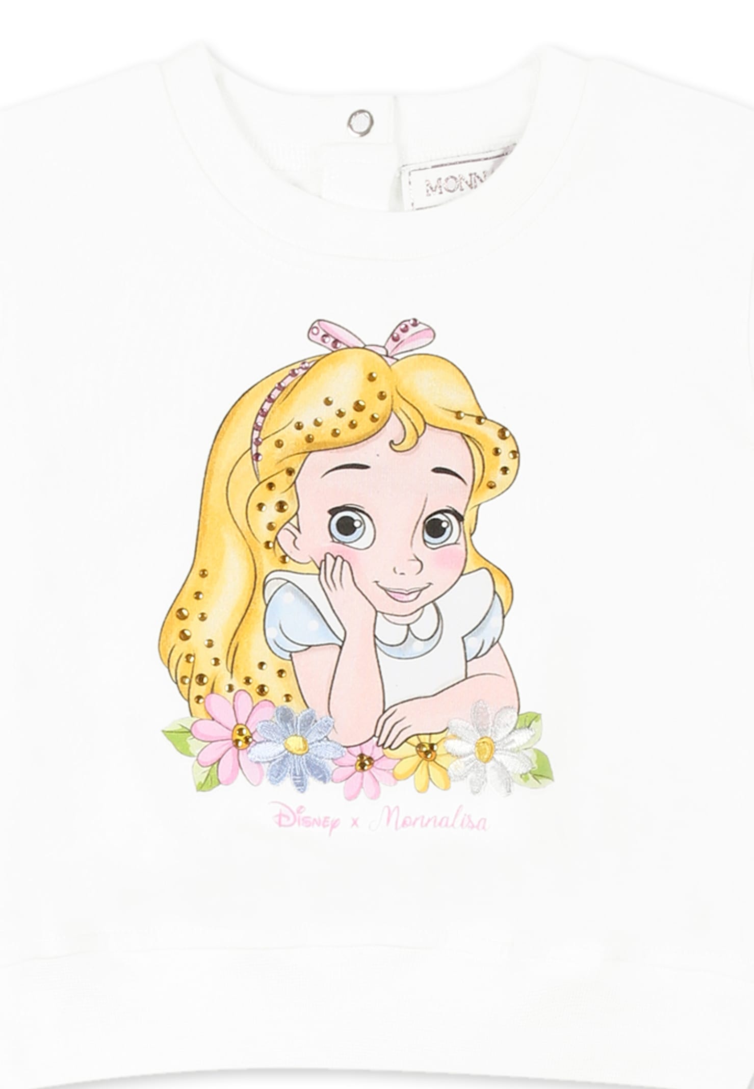 Monnalisa White Sweatshirt For Baby Girl With Alice In Wonderland In White