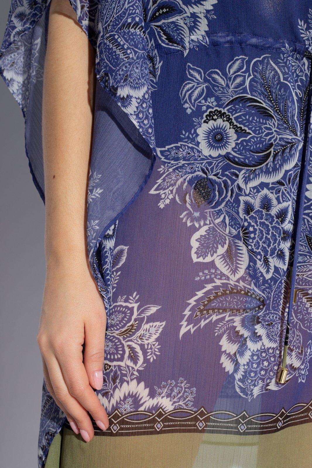Shop Etro Floral Printed Semi-sheer Kaftan Dress In Blue
