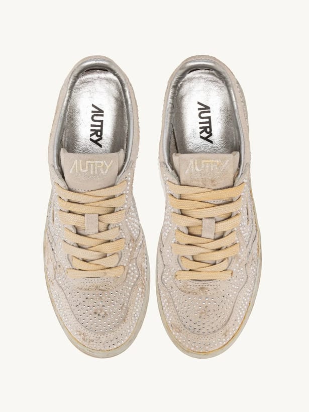 Autry Medalist Low Suede Sneakers With Rhinestones In White