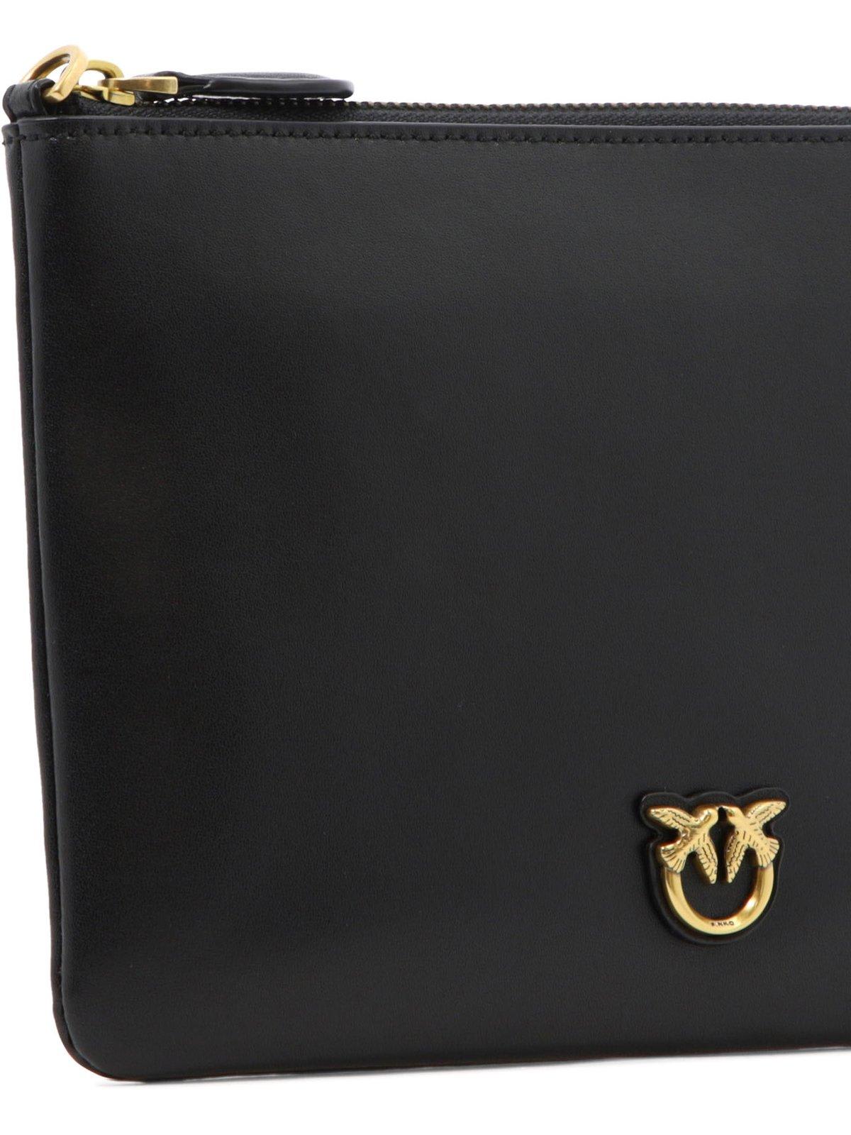 Pinko Flat Love Bag Black Shoulder Bag With Logo Patch In Smooth Leather Woman In Black