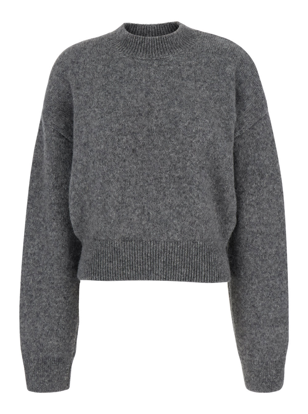 Shop Jacquemus Grey Cropped Sweater With Jacquard Logo At The Back In Wool Blend Woman