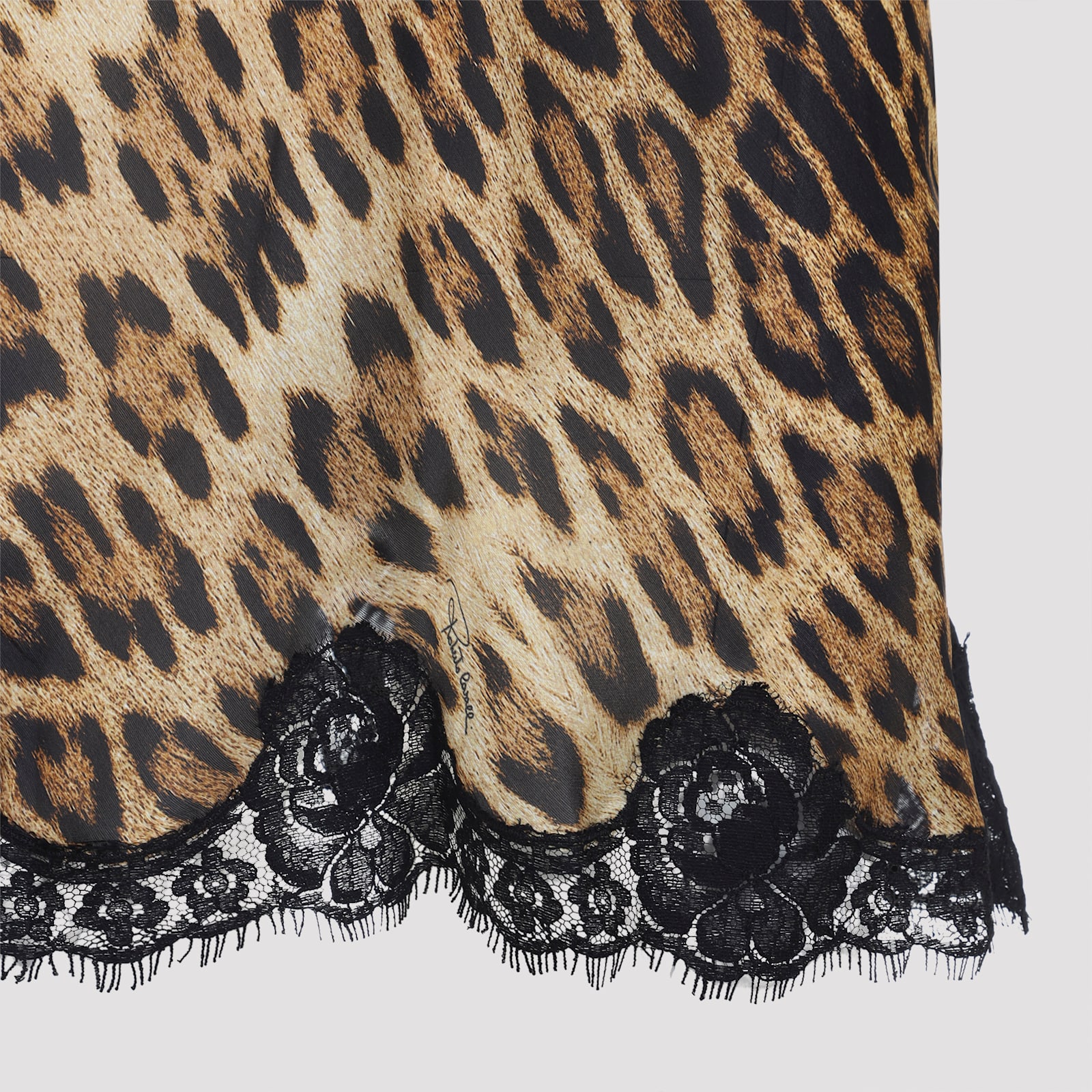 Roberto Cavalli Animalier Silk Mini Dress With Scalloped Lace Trim In Multi
