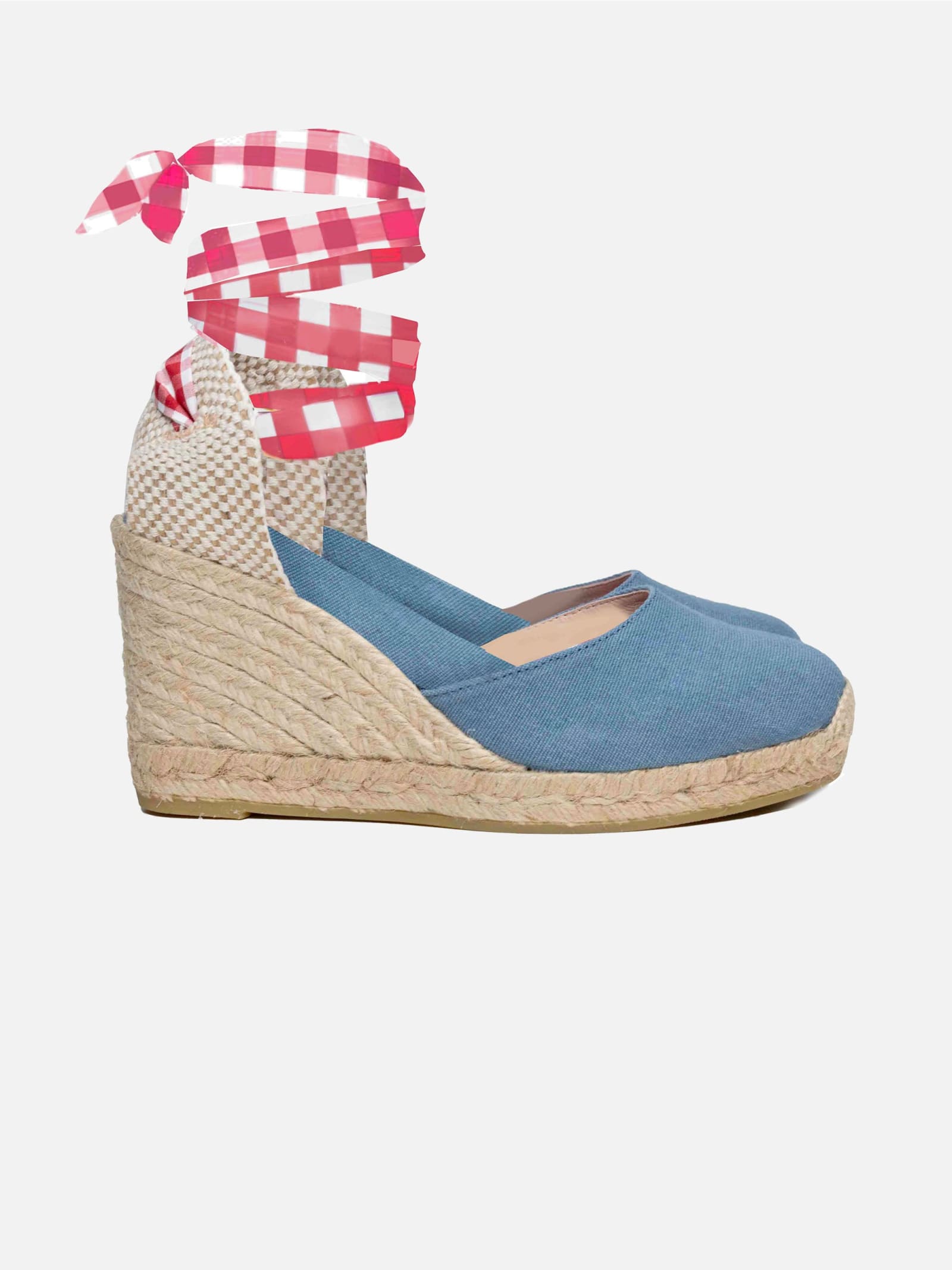 Blu Print Canvas Espadrillas With Hight Wedge And Ankle Lace