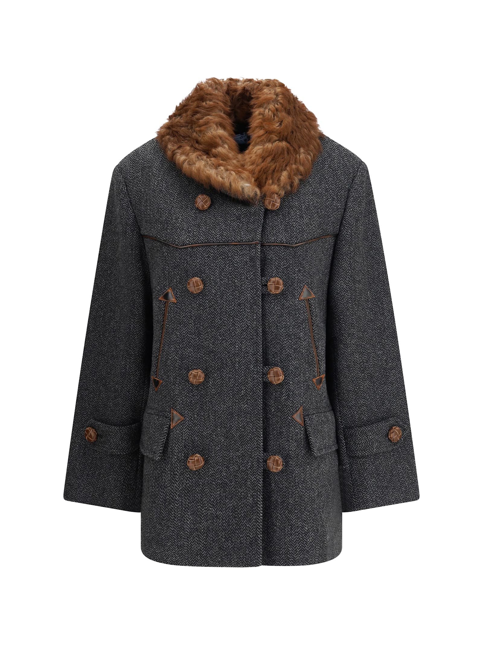 Prada Double-breasted Caban With A Shearling Trim In Multi