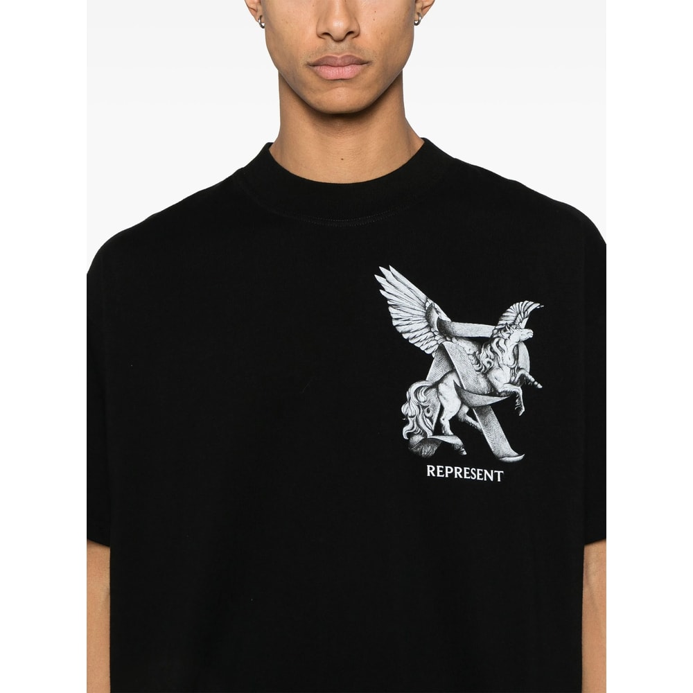 Represent Elegance Unicorn Black Crewneck T-shirt With Logo Print On The Front And Maxi Print On The Rear In C In Black