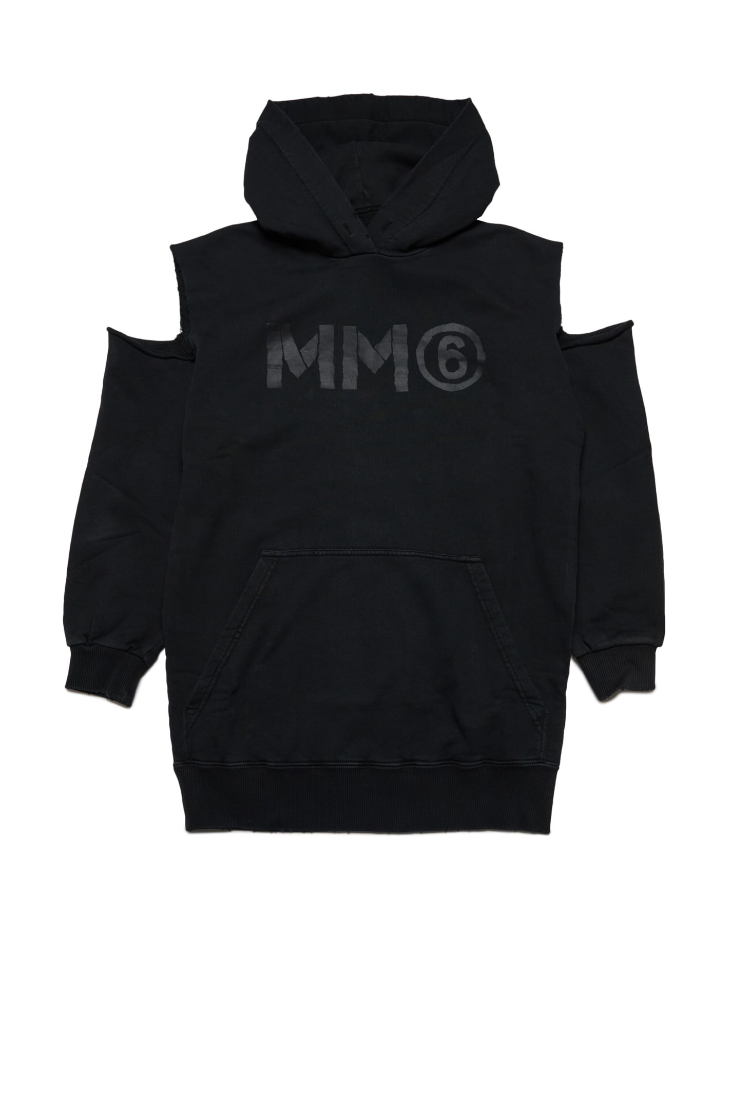 Maison Margiela Kids' Mm6d82u Dress  Fleece Hooded Maxi-dress With Cut-out Shoulders In Black
