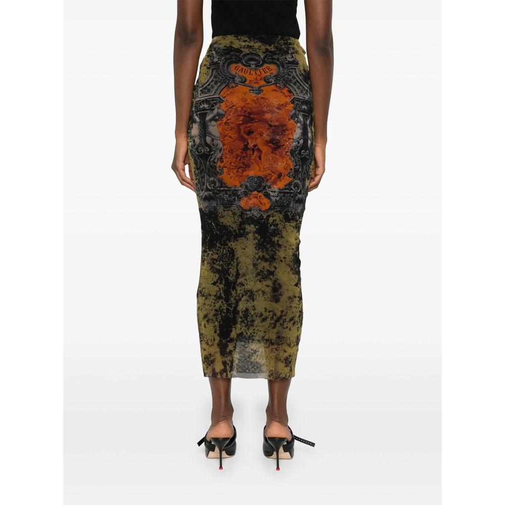 Jean Paul Gaultier Mesh Skirt With Graphic Print Overlay In Multi