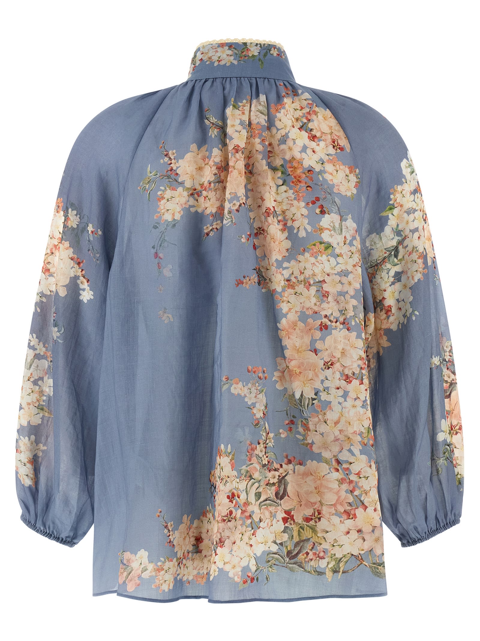 Zimmermann Cascadian Lace-trimmed Floral-print Ramie Blouse In Blue