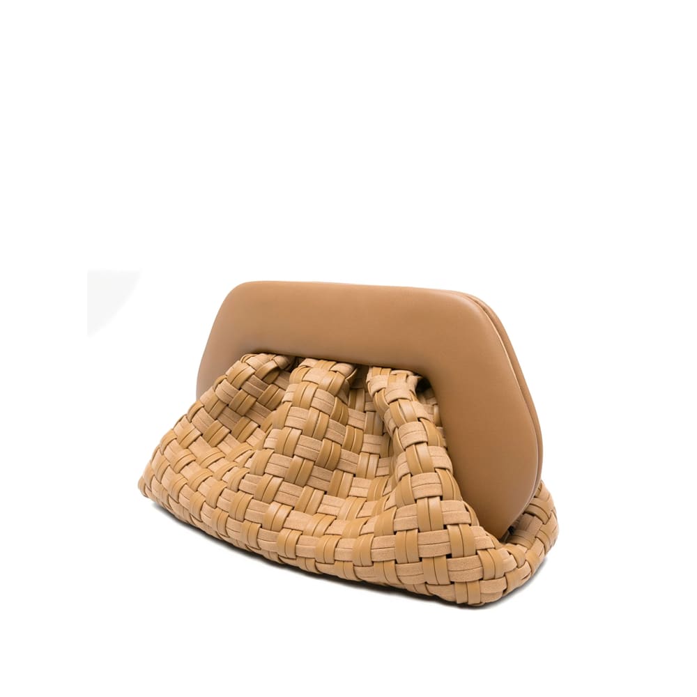 Themoirè Tia Clutch Bag In Biscuit With Woven Suede Motif And Shoulder Strap In Neutral