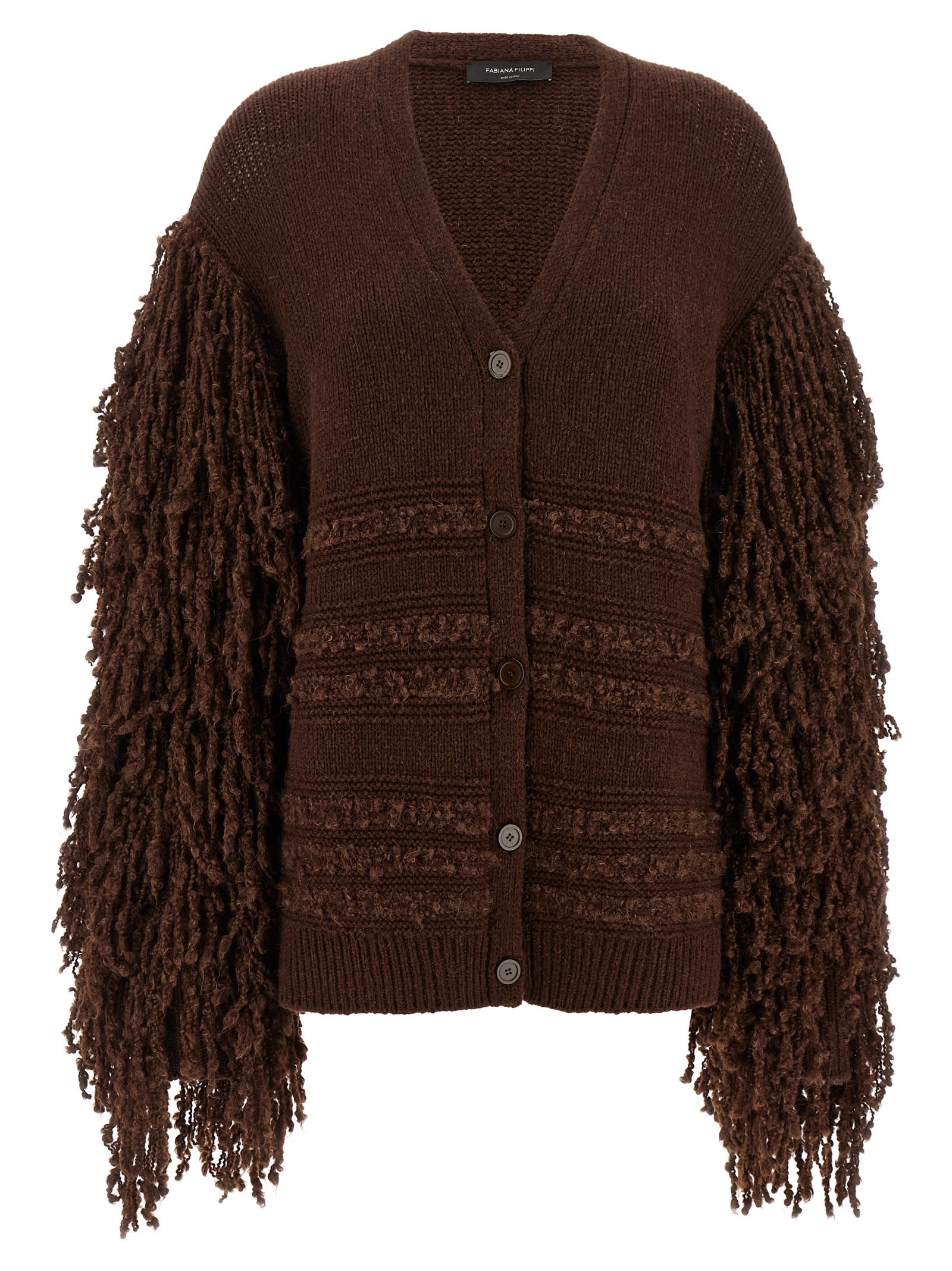 Fabiana Filippi Fringed Knit Cardigan Ribbed Hem In Brown