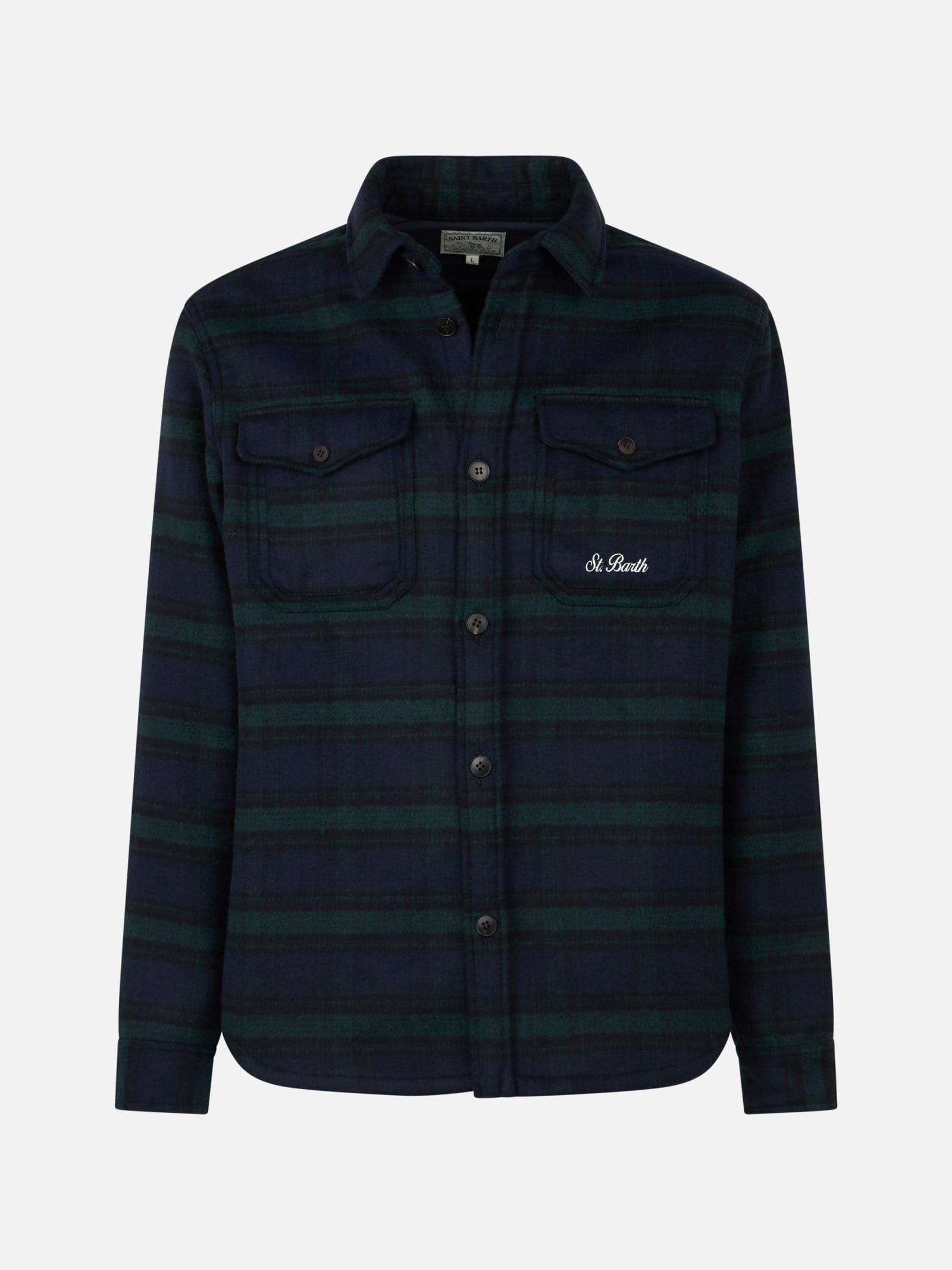 Mc2 Saint Barth Man Wooly Tartan Overshirt With Pockets And Patches In Blue