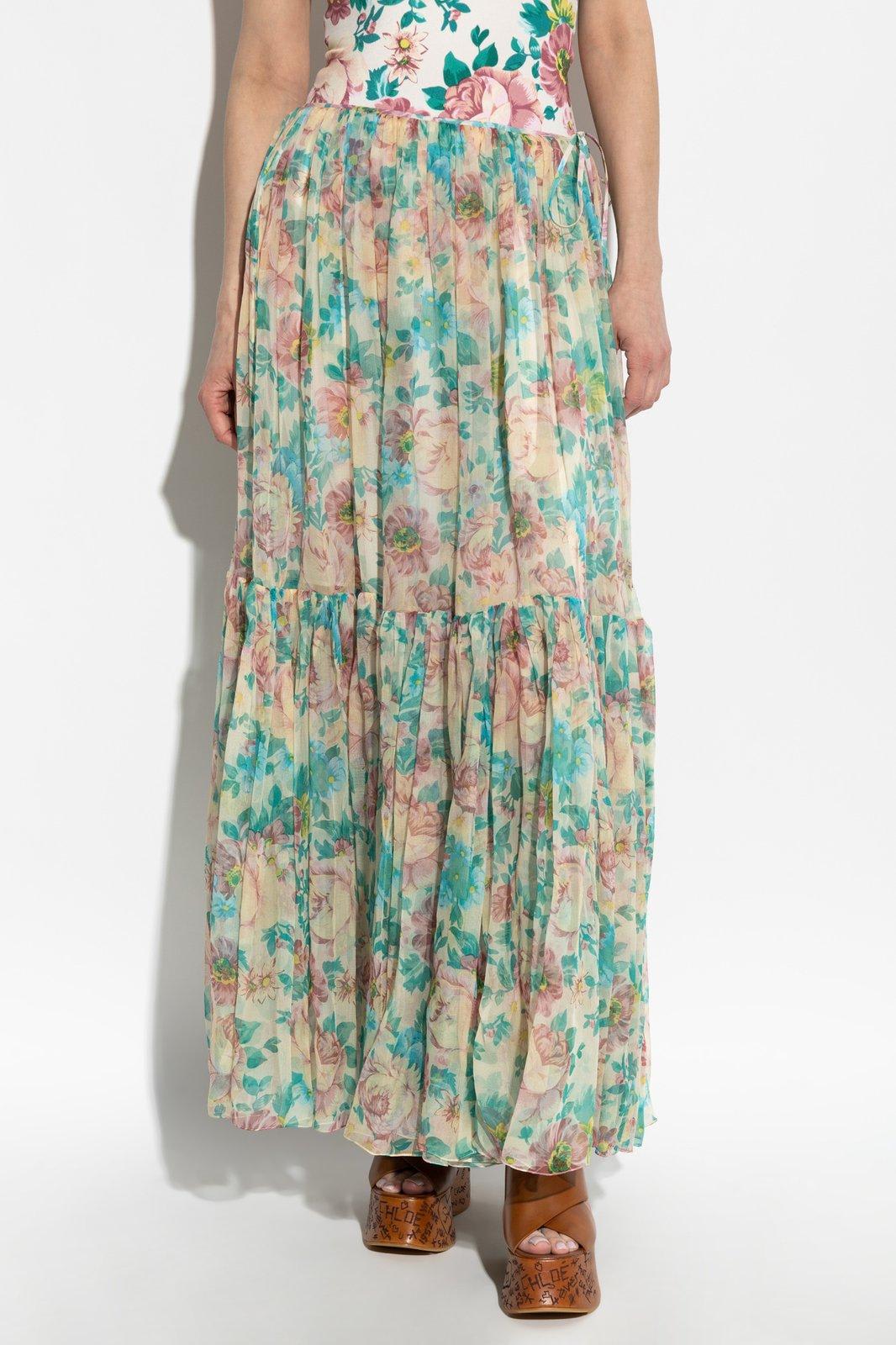 Chloé Pleated Tiered Floral-print Silk-chiffon Maxi Skirt