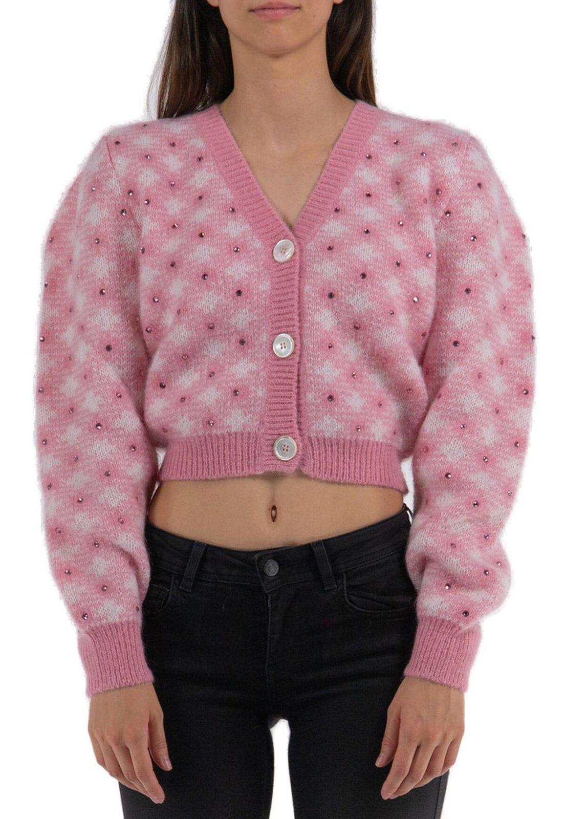 Alessandra Rich V-neck Embellished Knitted Cardigan In Pink