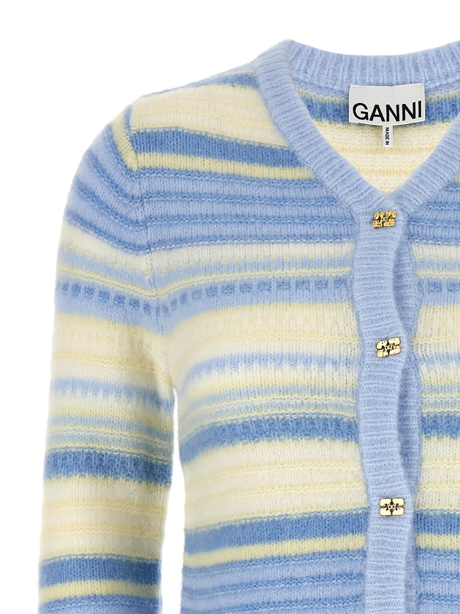 Shop Ganni Striped Cardigan In Light Blue