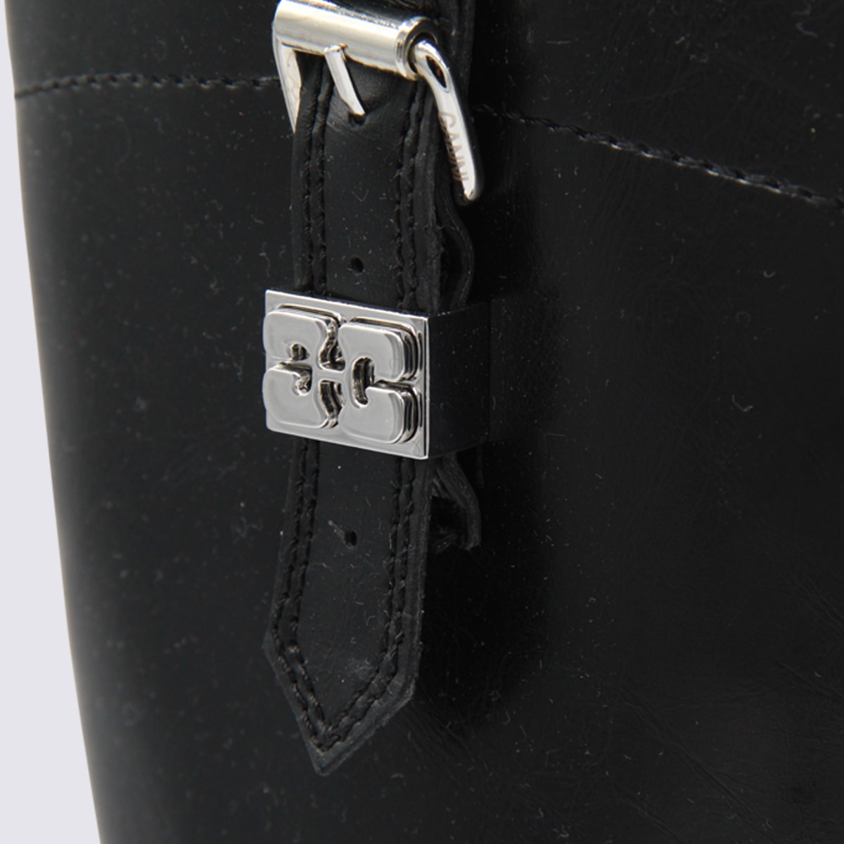 Ganni Buckle Knee-high Leather Lug Round Boots In Black