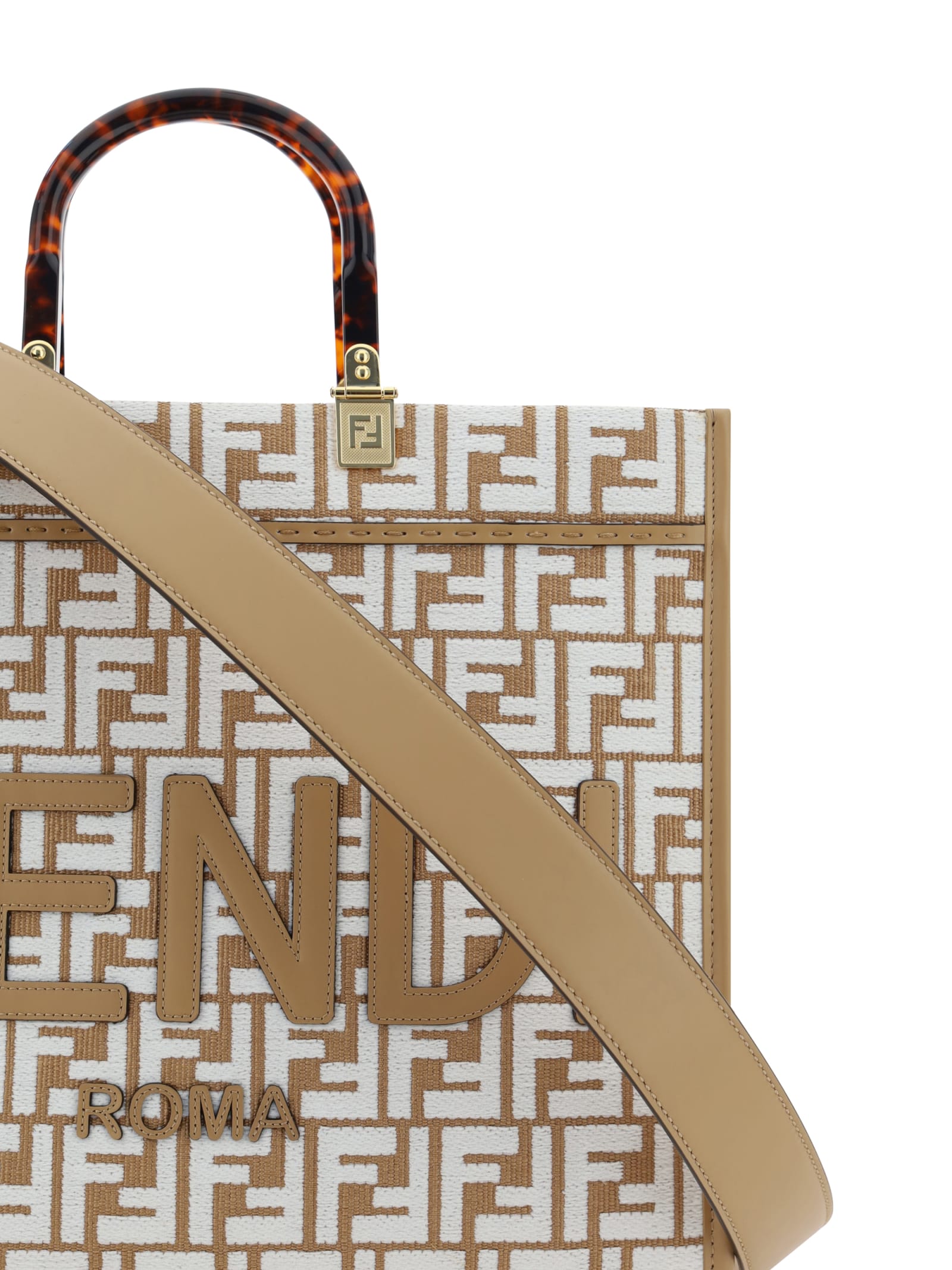 FENDI: Sunshine bag in raffia with FF monogram embroidered in chenille -  Beige