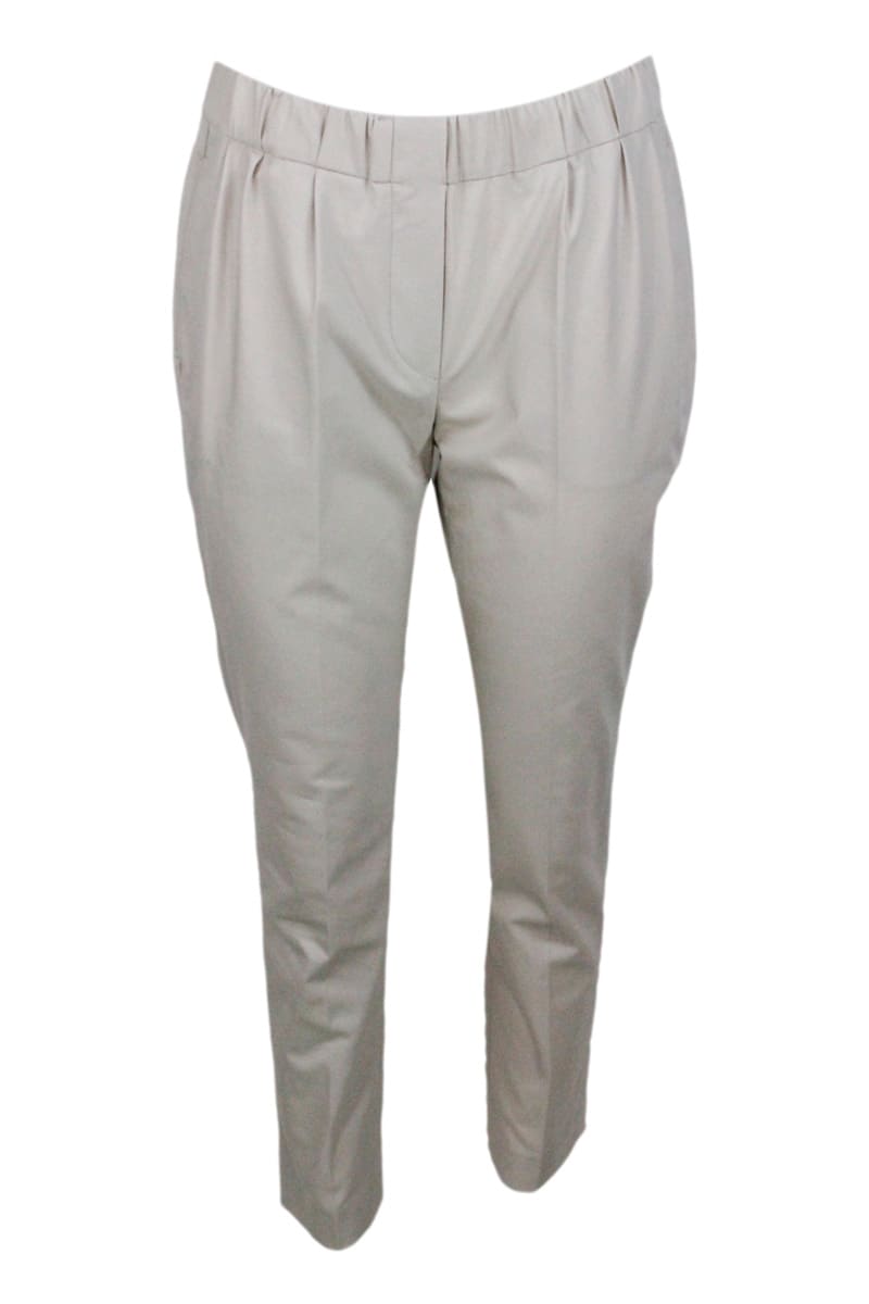 BRUNELLO CUCINELLI STRETCH COTTON TROUSERS WITH ELASTIC WAISTBAND AND SMALL PLEATS ON THE FRONT