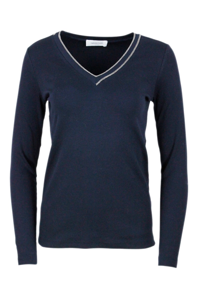 Fabiana Filippi Long-sleeved Ribbed Stretch Cotton Jersey T-shirt With V-neck And Shiny Sparkling Stripes
