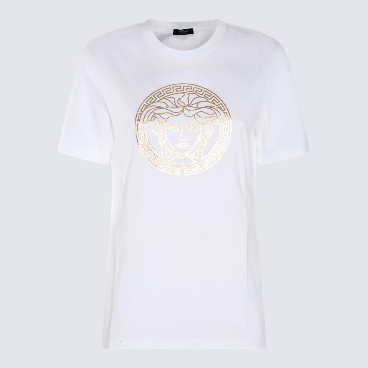 Shop Versace White And Gold-tone Cotton T-shirt In White+gold