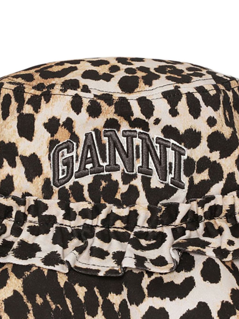 Ganni Leopard Print Canvas Bucket Hat With Ruffled Detailing In Animal Print