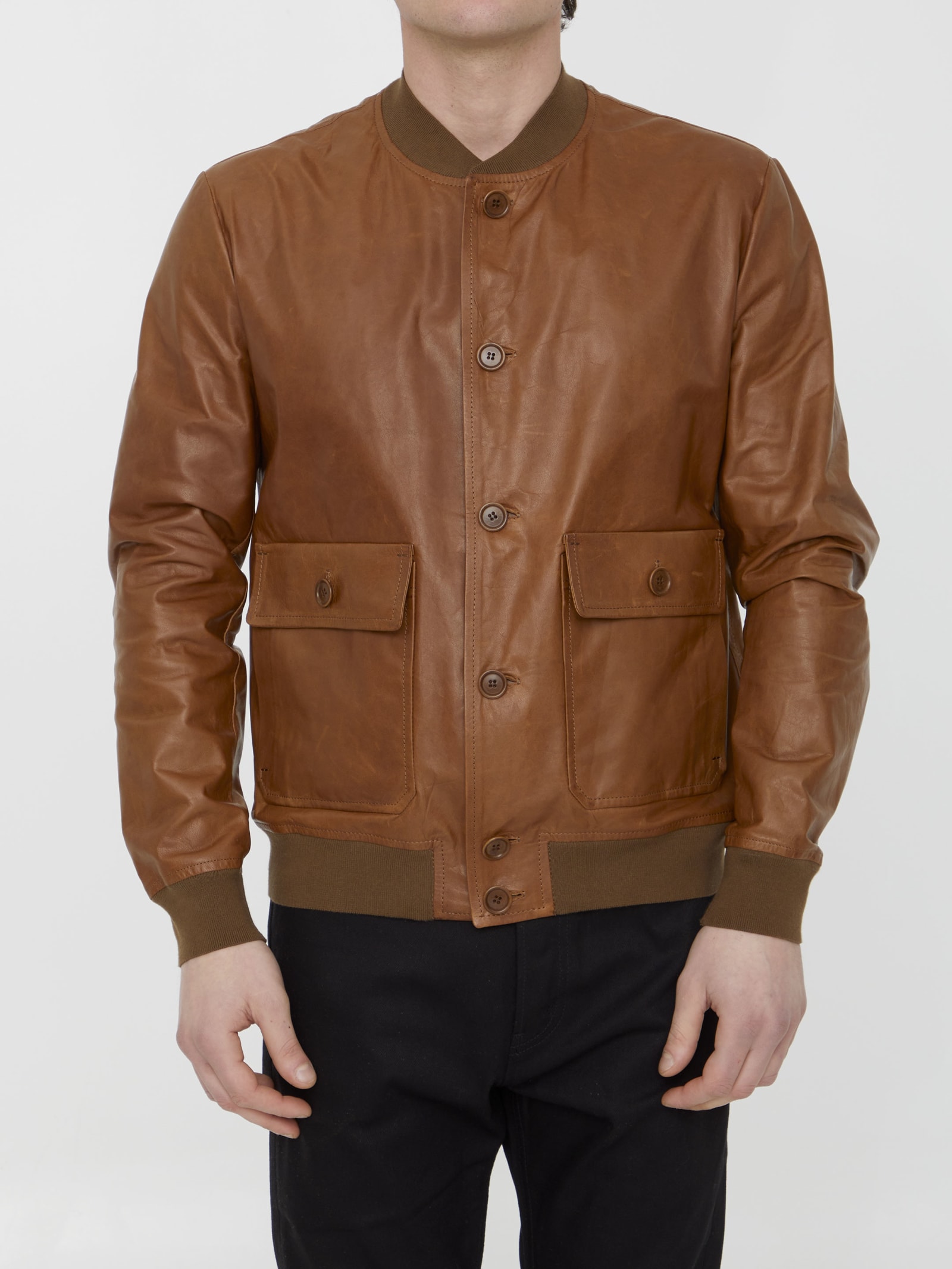 Shop Salvatore Santoro Leather Bomber Jacket In Camel